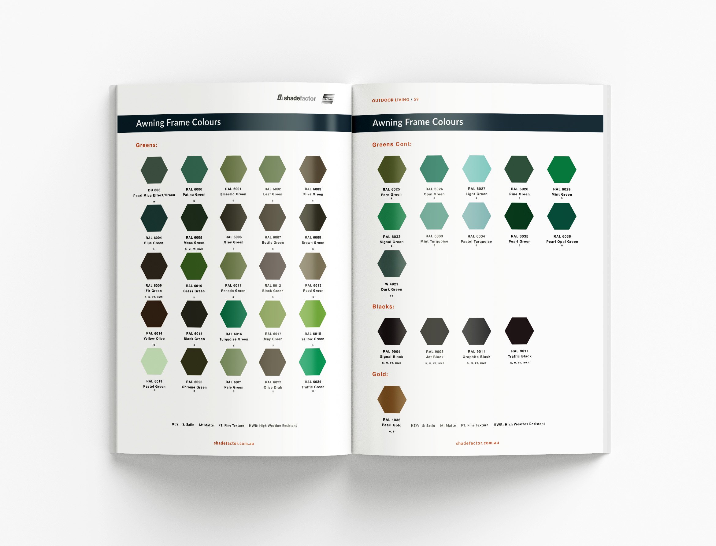 Professional outdoor living marketing materials featuring product specifications, lifestyle imagery and contemporary catalogue design