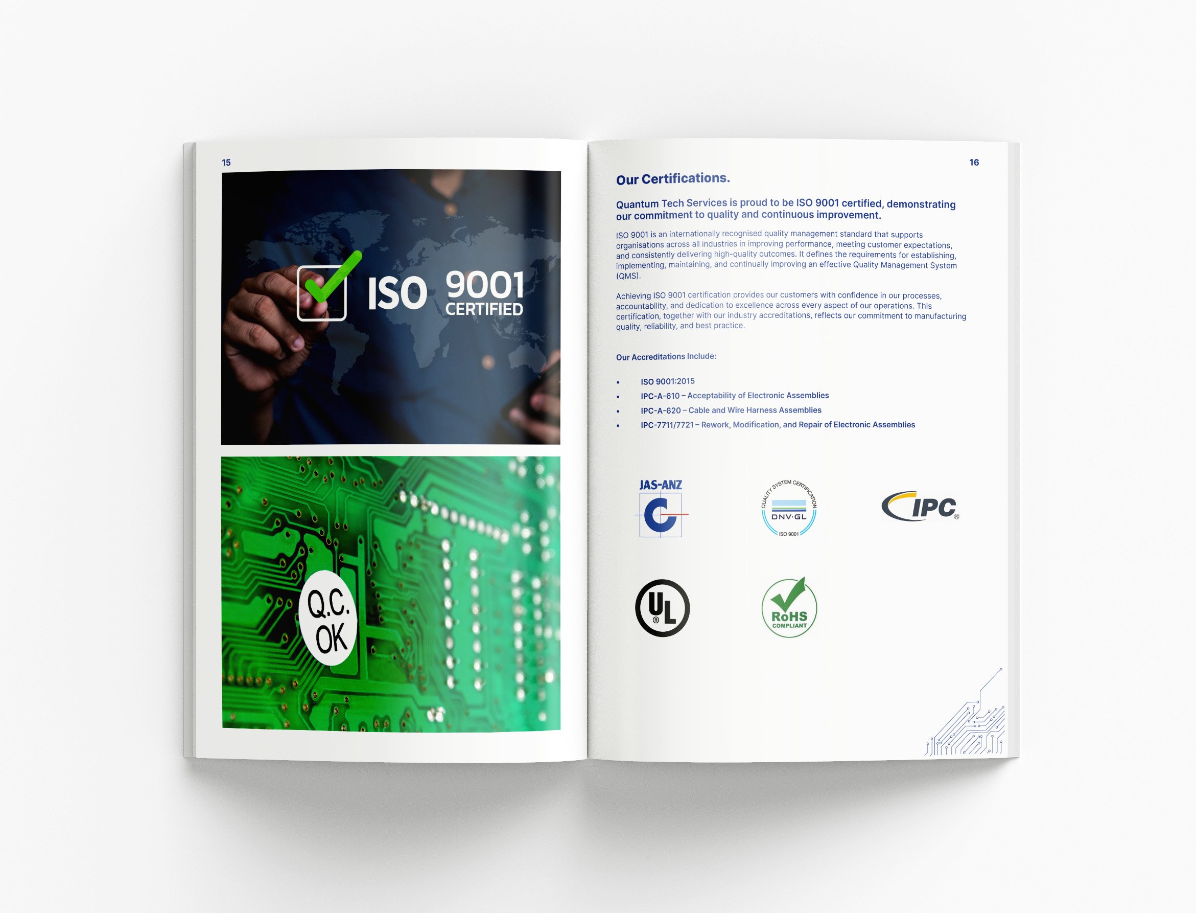 Quantum Tech Services corporate document featuring PCB assembly capabilities, engineering services and premium capability statement design by BKK Creative Studio