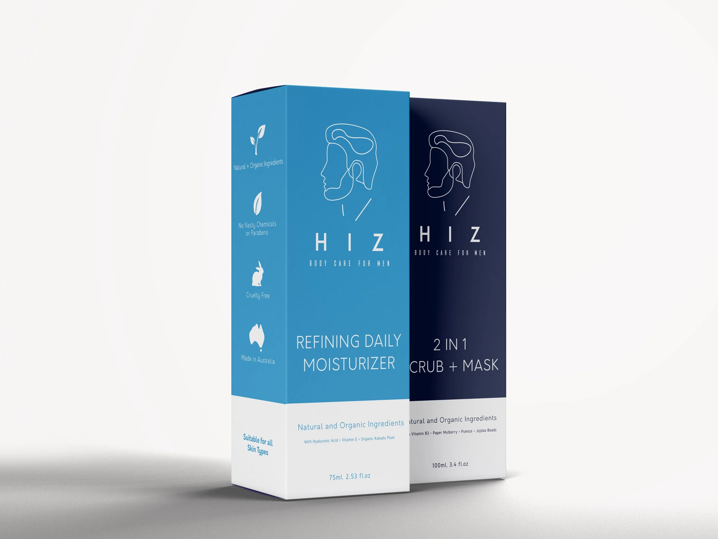 HIZ men's skincare packaging project featuring premium product packaging design, luxury grooming branding and contemporary cosmetic packaging by BKK Creative Studio