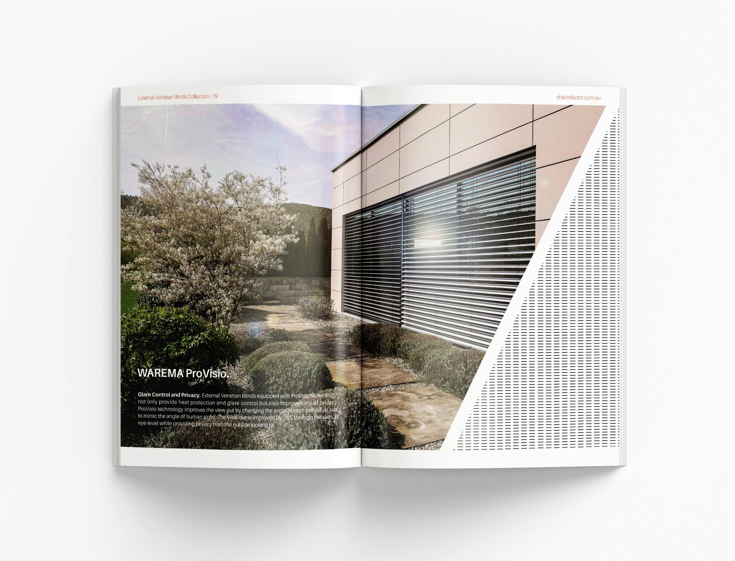 External shading systems catalogue showcasing premium product presentation, technical content and modern brochure design for commercial and residential projects