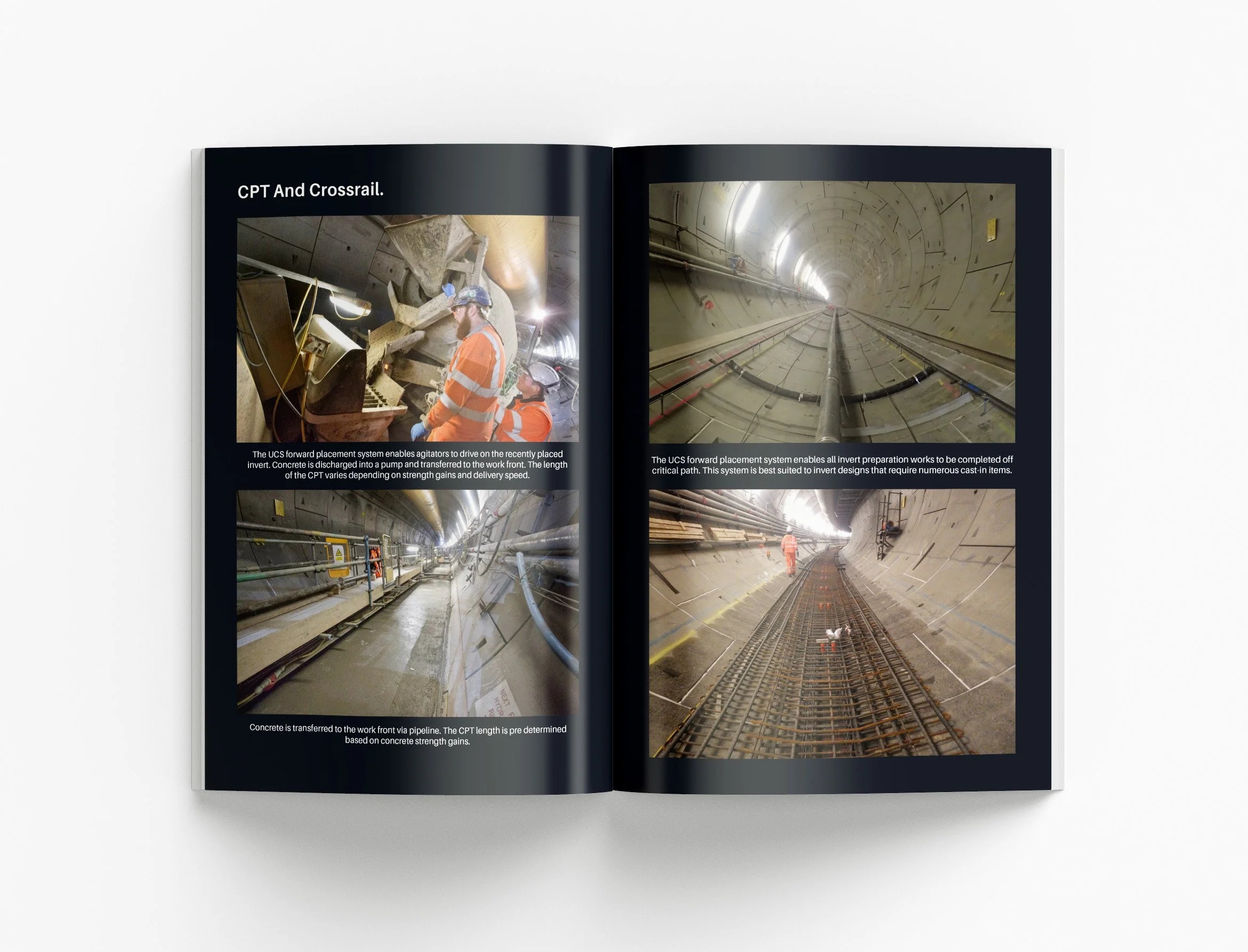 Professional construction capability statement featuring tunnelling services, project case studies and sophisticated corporate branding elements