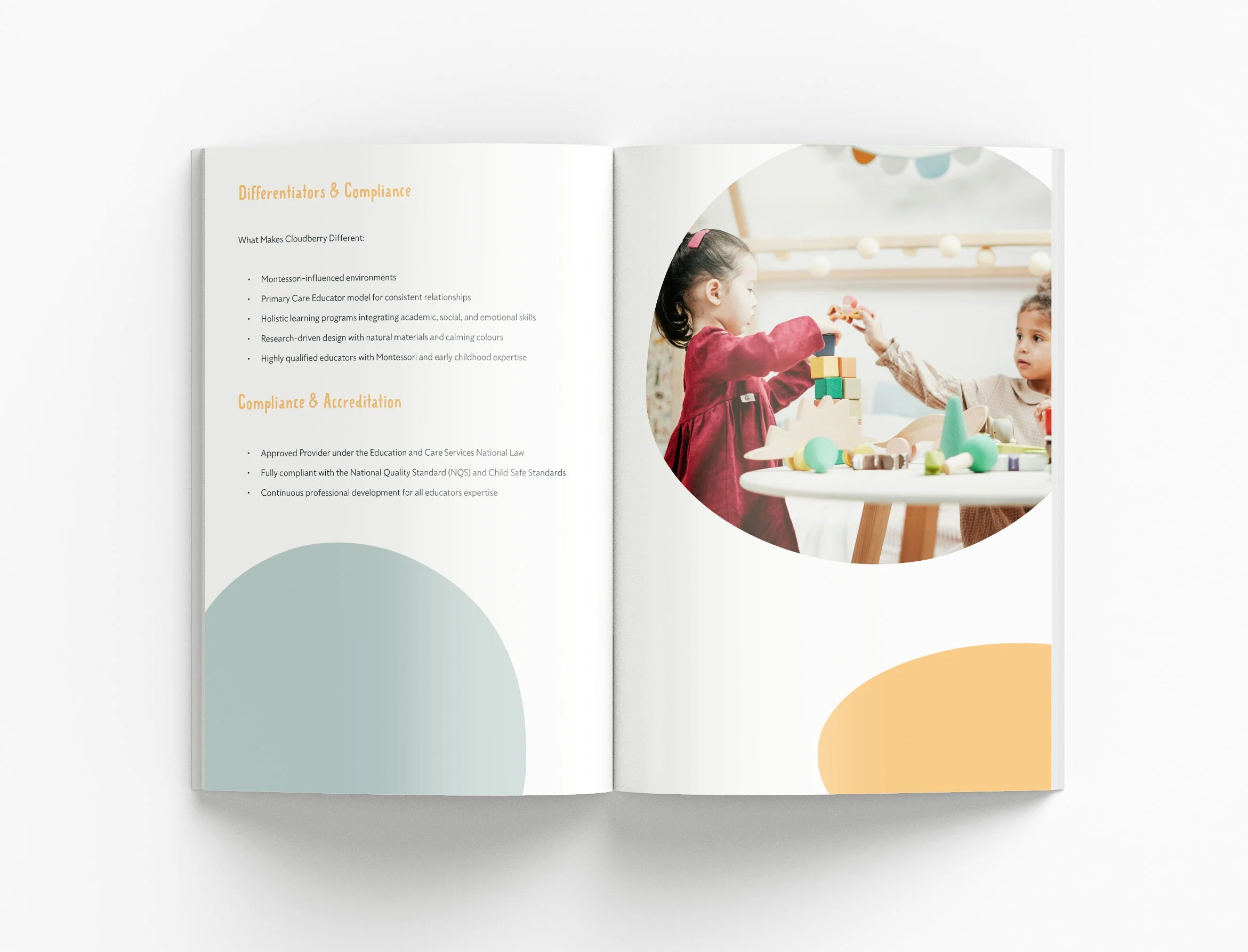 Modern capability statement for Cloudberry Early Learning Centre featuring custom icons, educational content presentation and professional information design