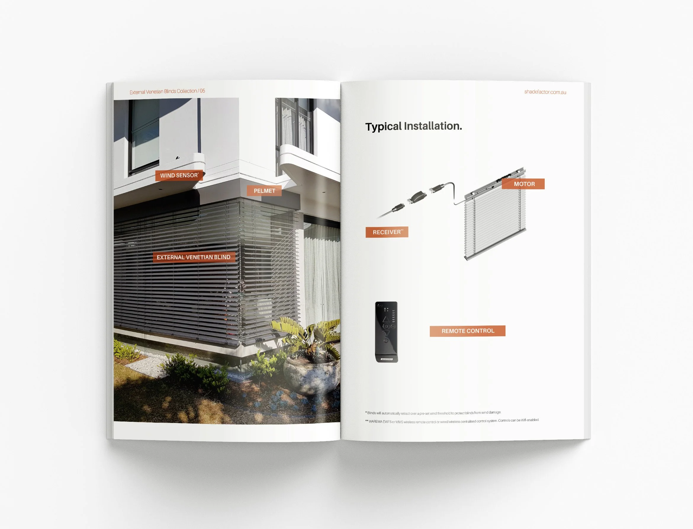 Professional catalogue design for external Venetian blinds featuring detailed product information, premium photography and sophisticated brochure layouts