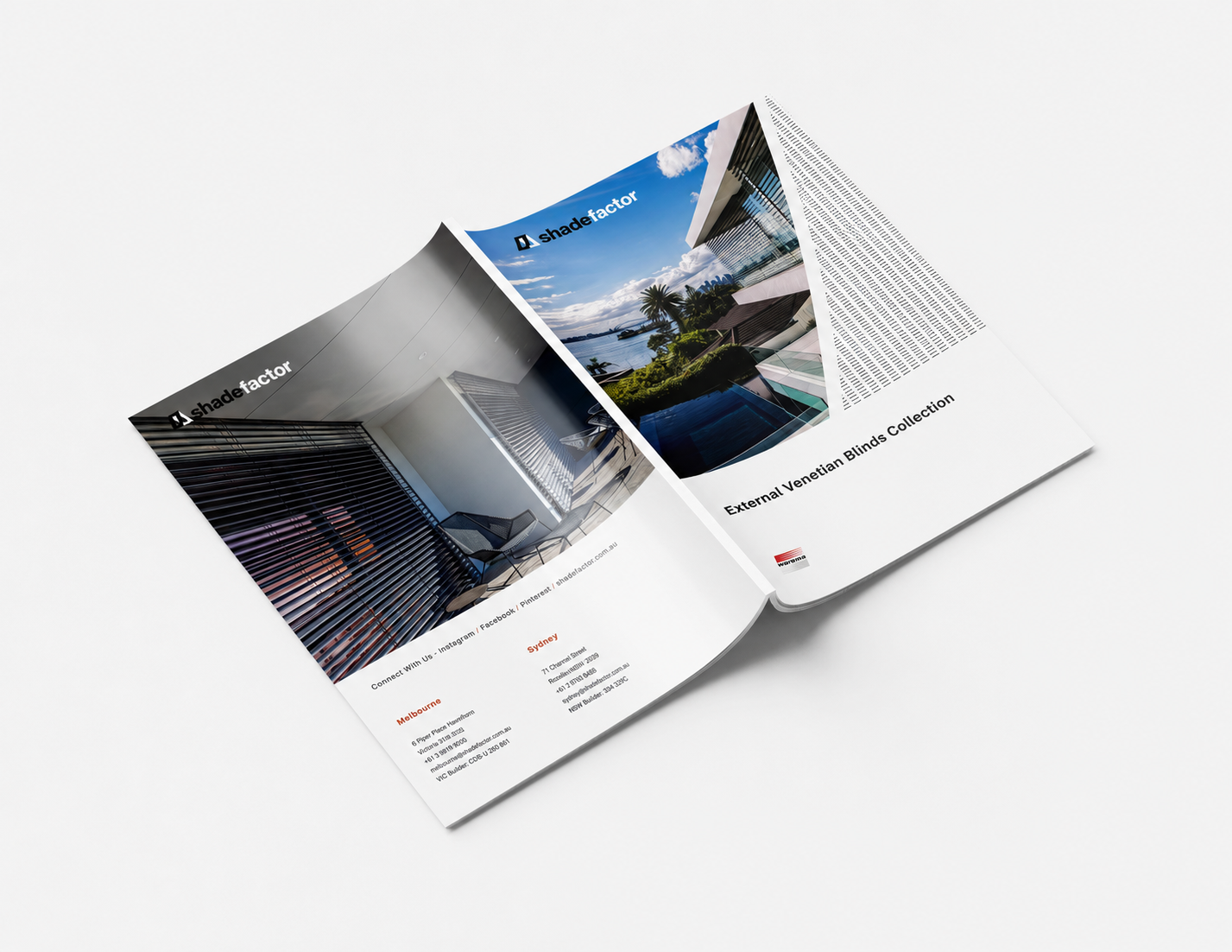 Shade Factor brochure project featuring luxury shading products, architectural information design and professional catalogue development by BKK Creative Studio