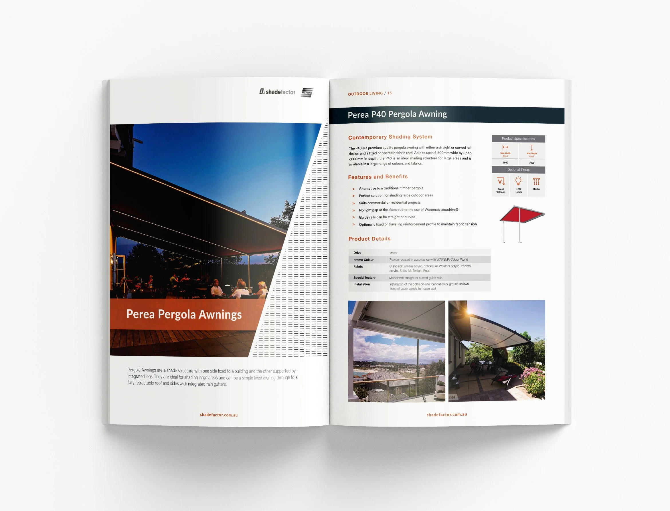 Shade Factor outdoor living marketing brochure highlighting premium outdoor spaces, product features and contemporary branding