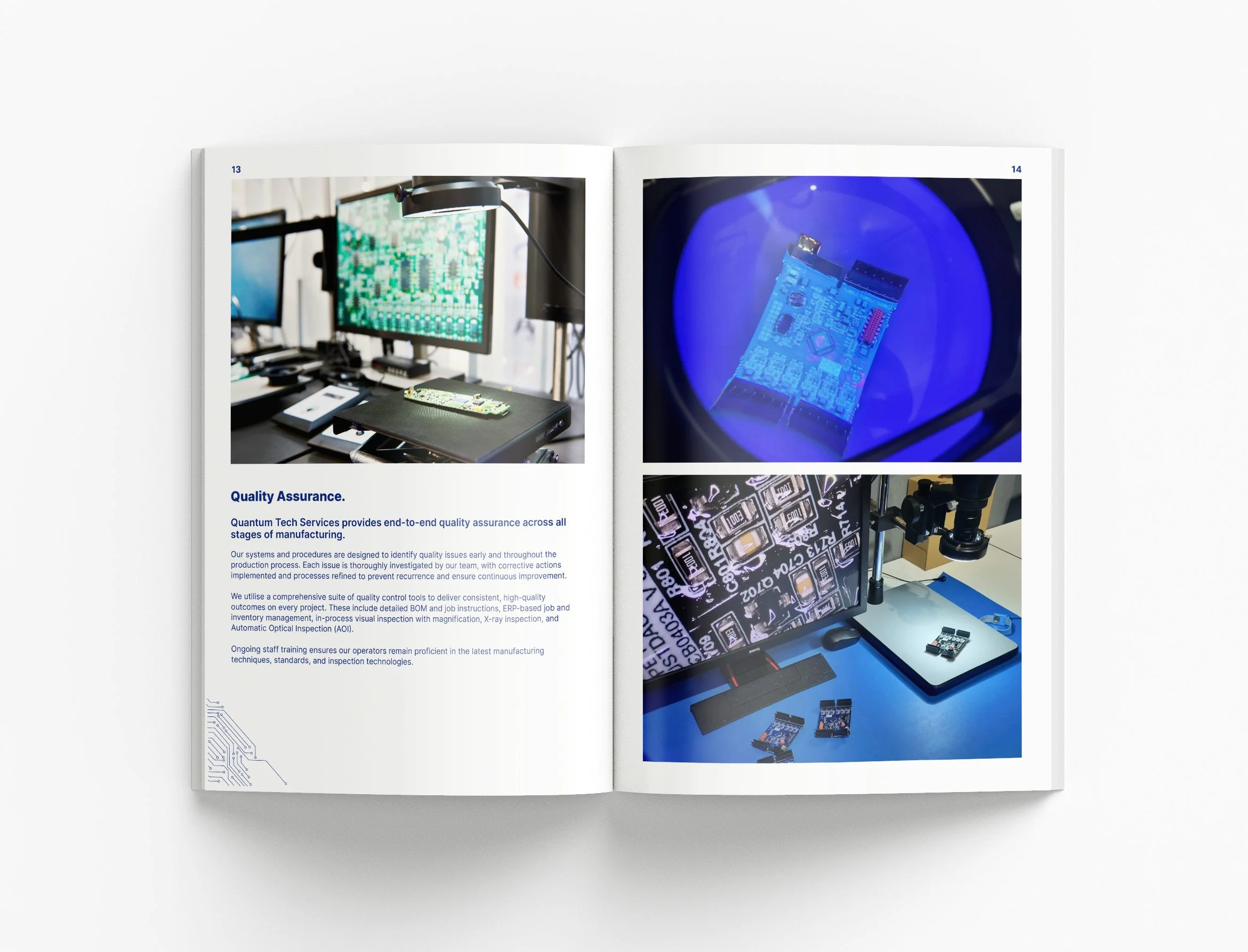 Technical company profile design featuring custom infographics, manufacturing workflows, quality systems and structured document layouts for the electronics industry