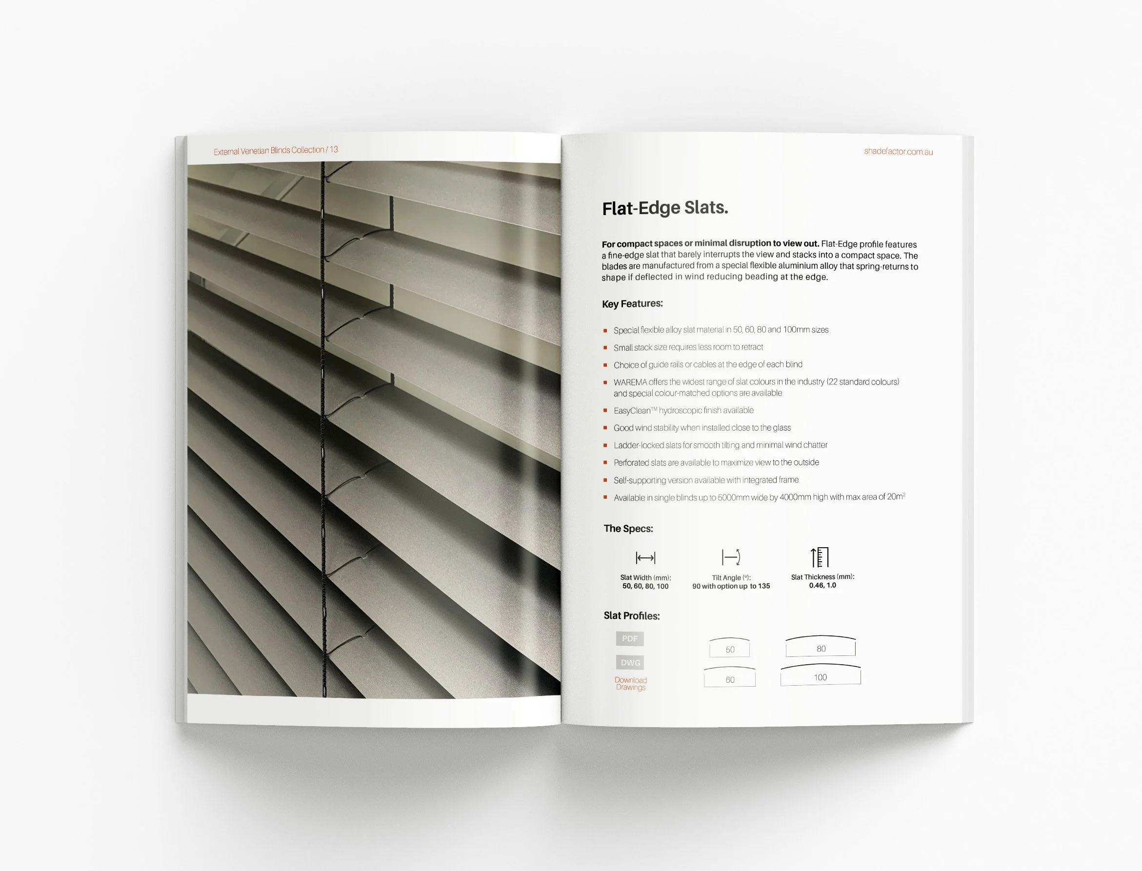 Professional product catalogue featuring external Venetian blinds, installation information and structured layouts for the construction and design sector