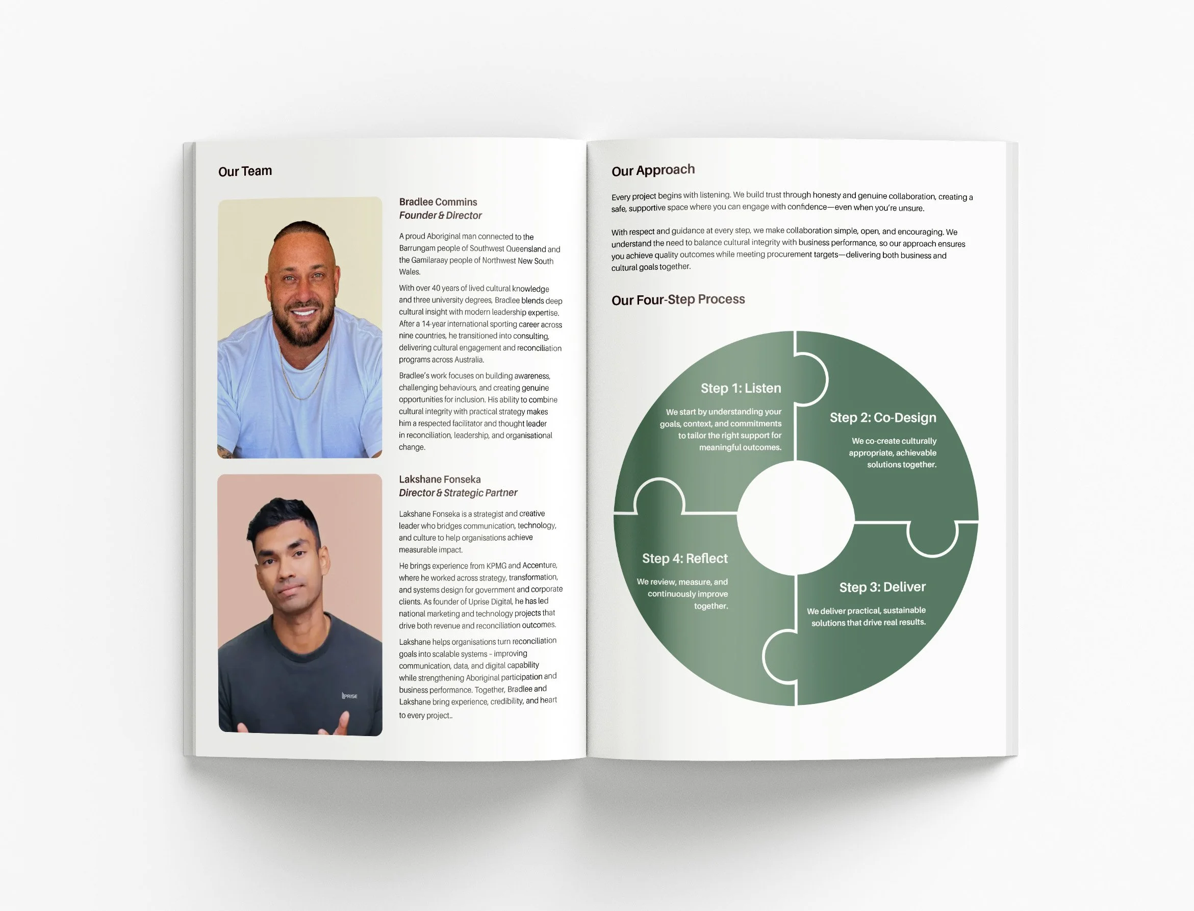 Custom capability statement design for BC Consulting showcasing Indigenous-led initiatives, partnership programs, community engagement and professional business communication