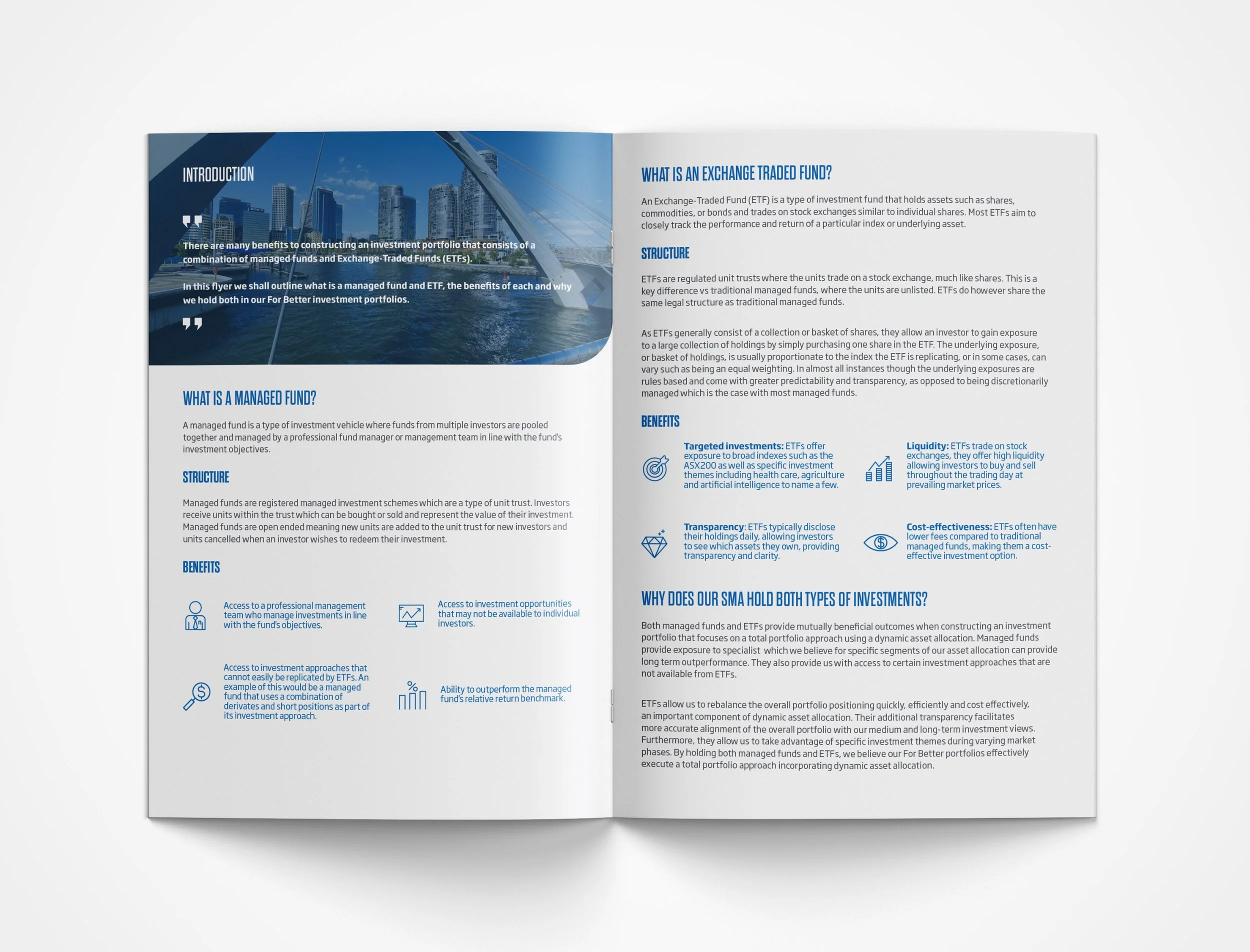 Custom product guide design for Blueprint Wealth showcasing investment solutions, financial services information and professional wealth management communication