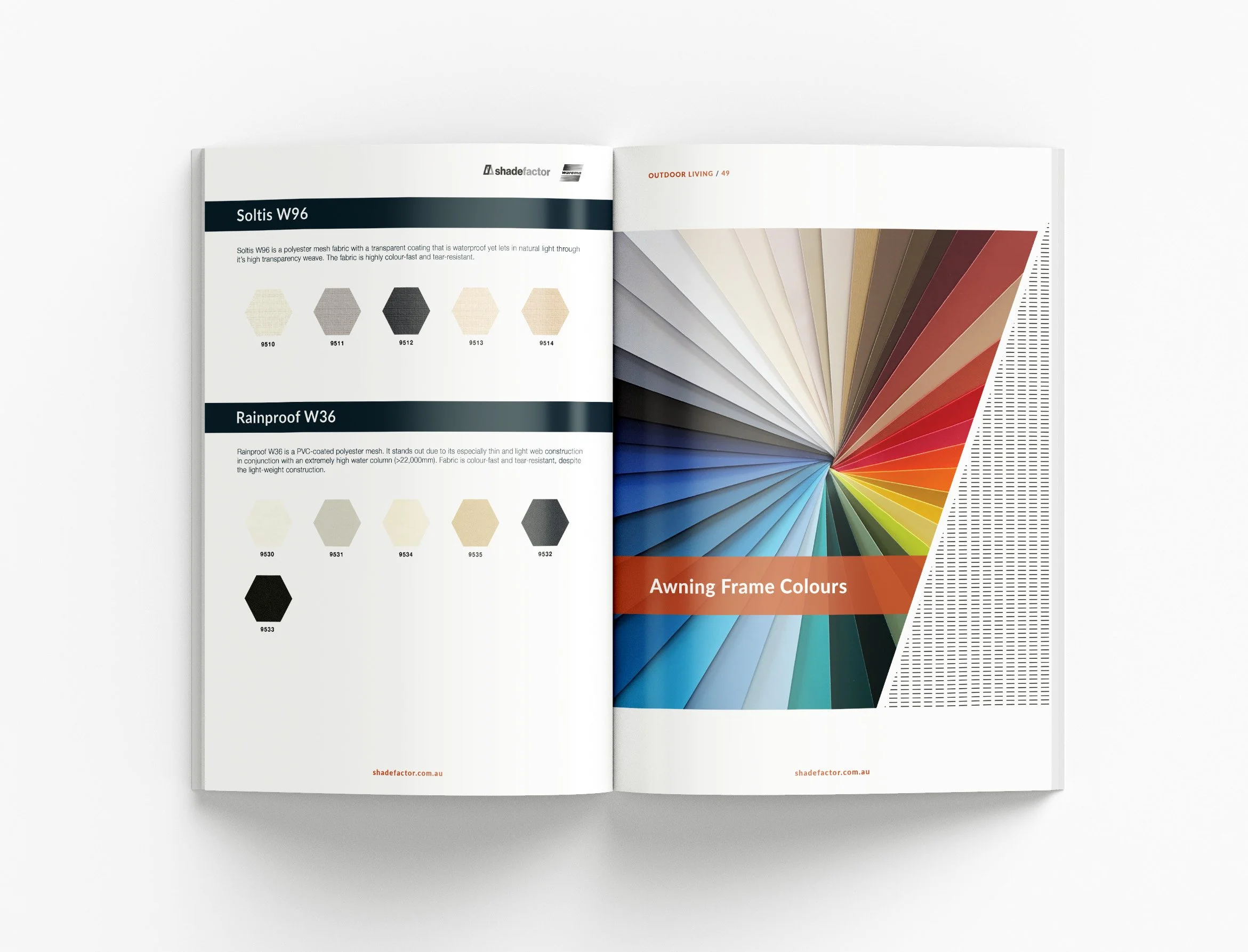 Shade Factor brochure project highlighting custom outdoor solutions, premium product imagery and structured content layouts