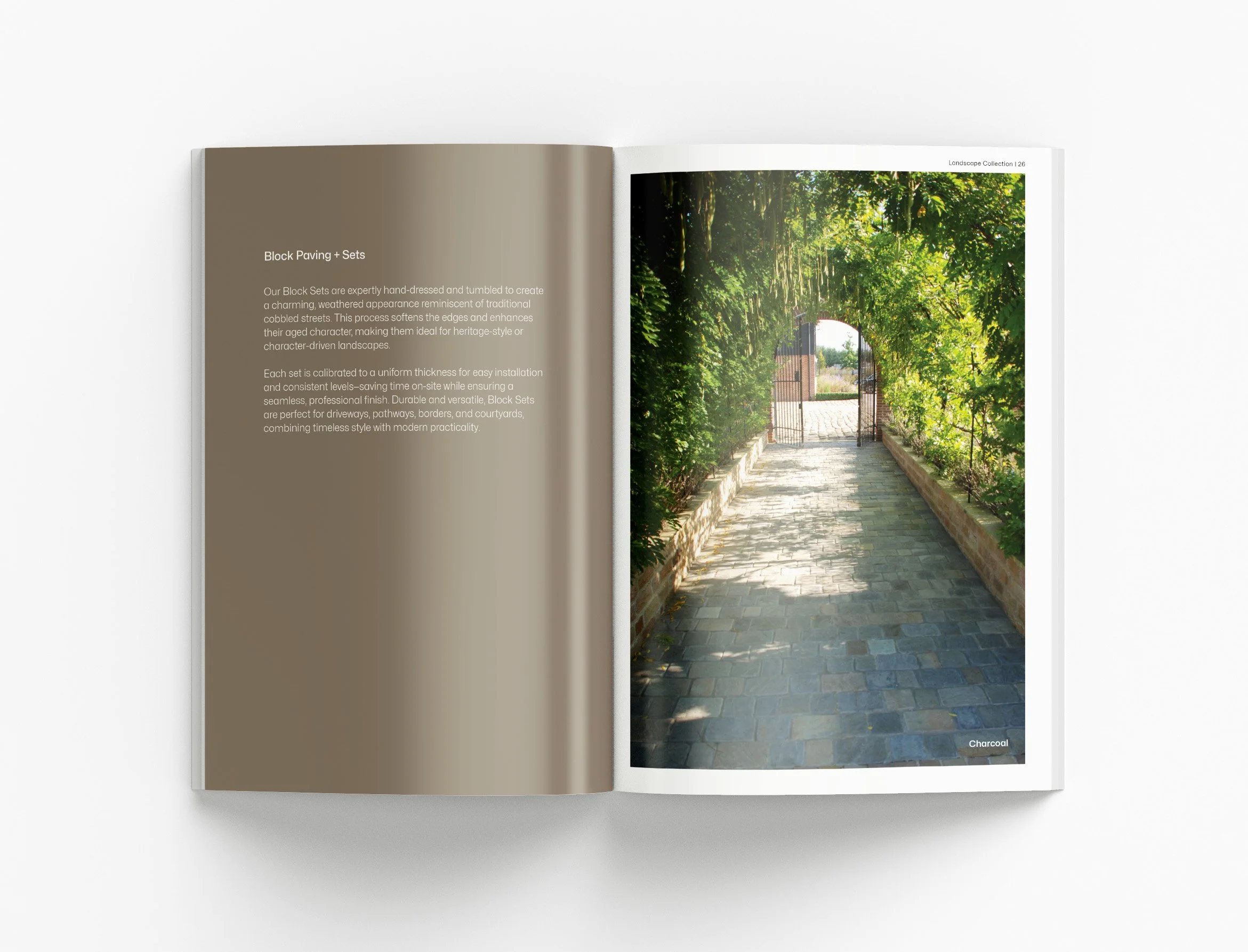 Professional outdoor living brochure featuring premium landscape products, elegant typography and architectural inspiration