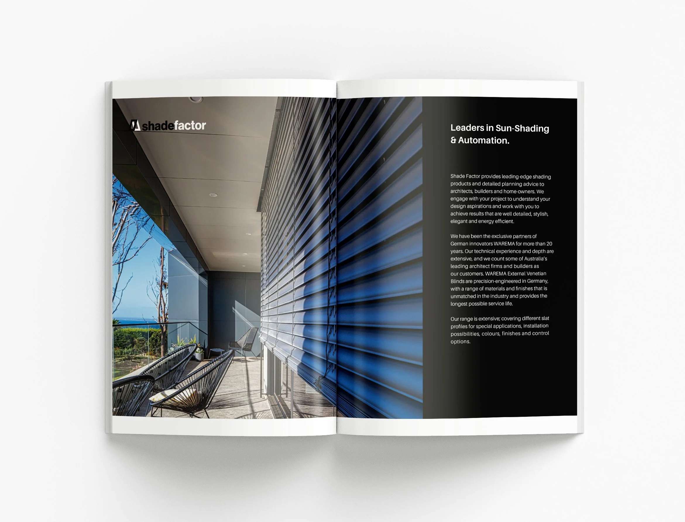 Shade Factor external Venetian blinds brochure project featuring premium product catalogue design, architectural shading solutions and professional marketing materials by BKK Creative Studio