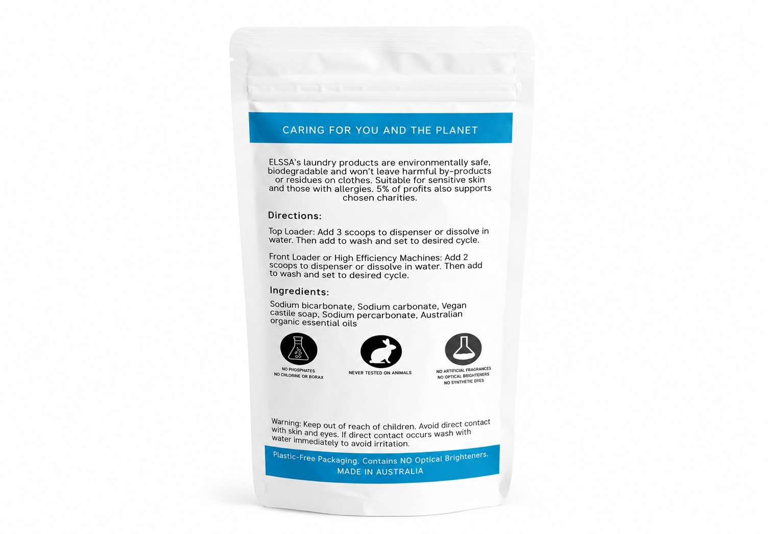 Laundry powder pouch packaging featuring environmentally focused branding, refined typography and professional retail packaging design by BKK Creative Studio