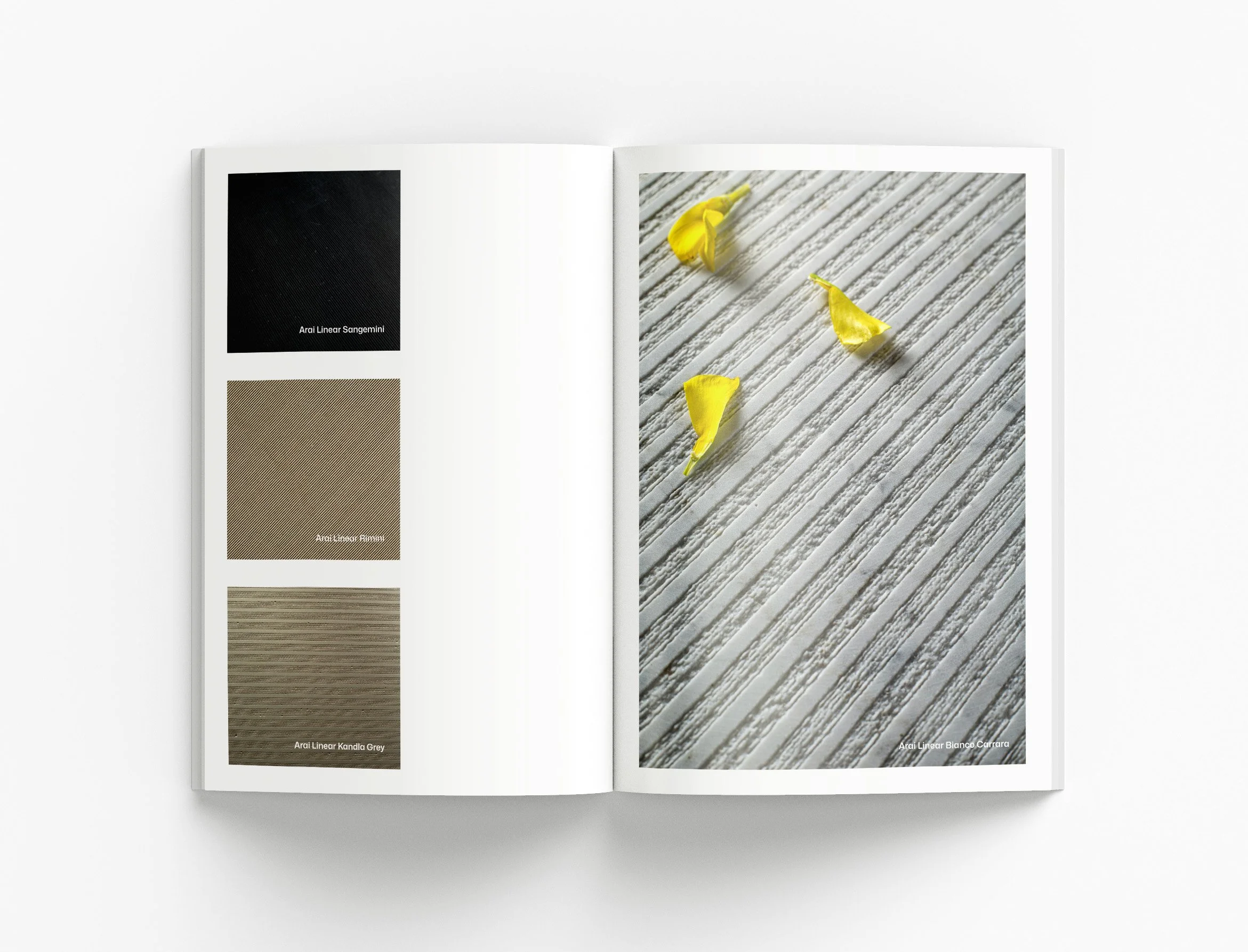 Arai catalogue design showcasing premium materials, product features and contemporary architectural marketing collateral
