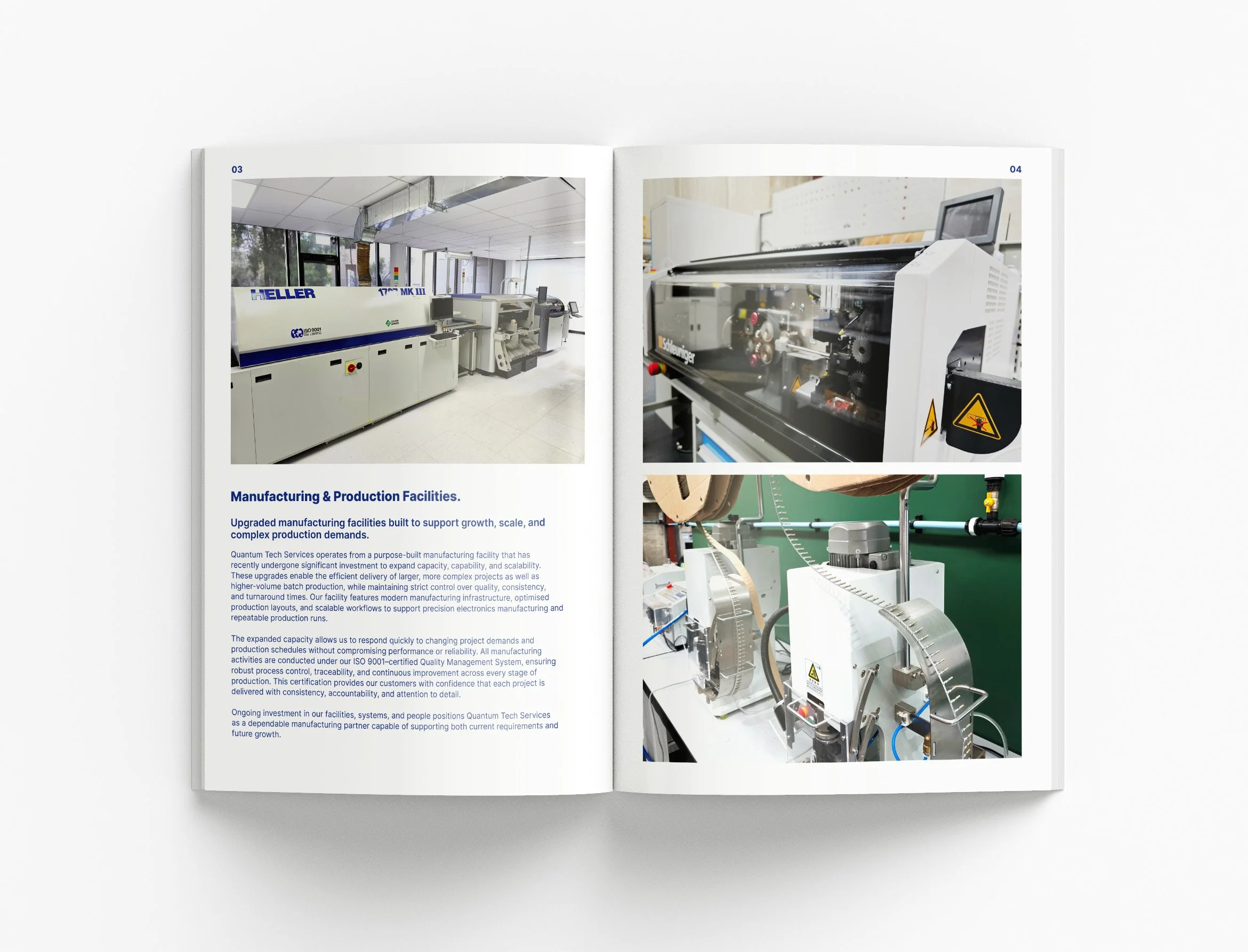 Quantum Tech Services company profile featuring technical diagrams, process flow illustrations, ISO certifications and premium industrial document design