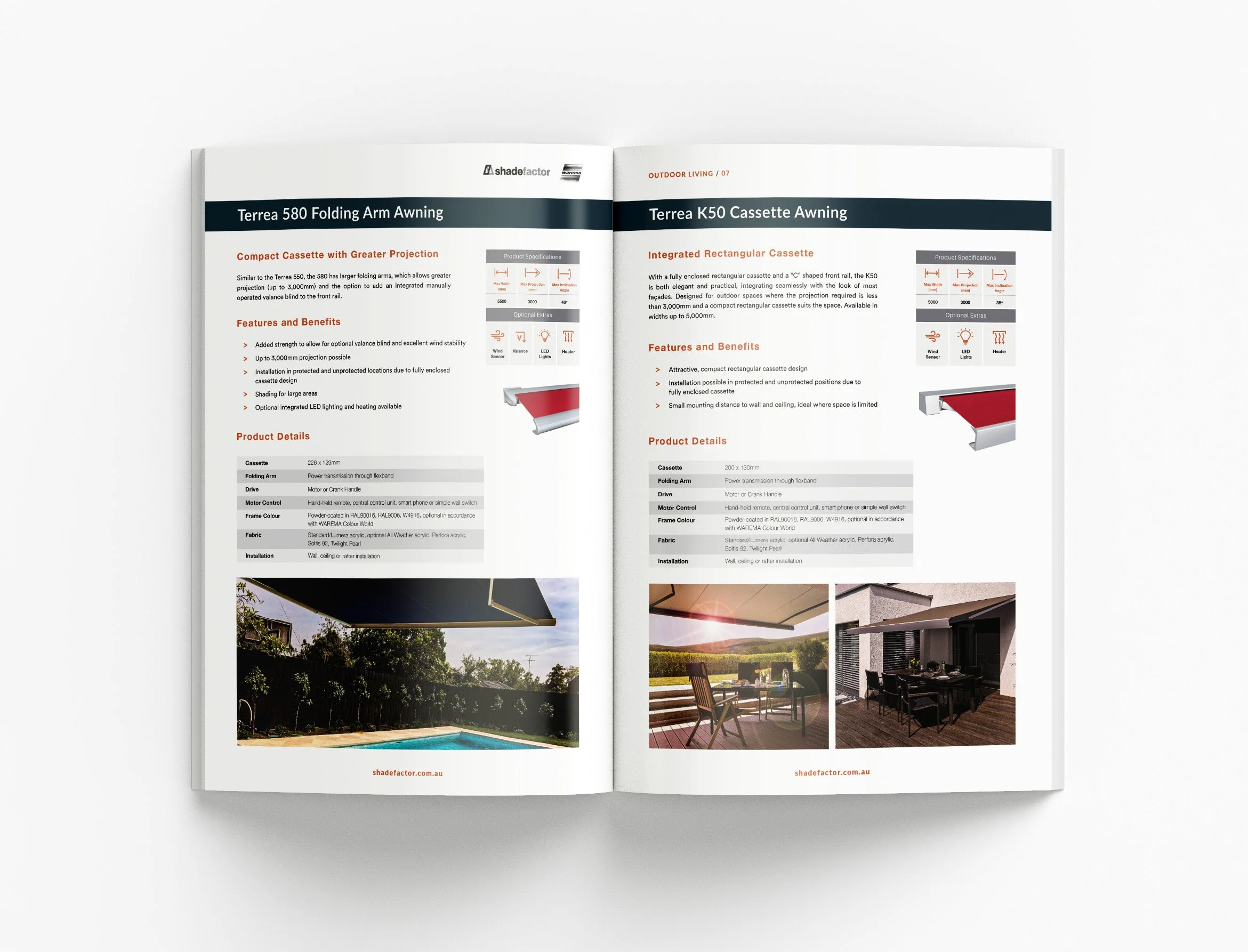 Professional product catalogue showcasing outdoor living systems, custom graphics and premium marketing collateral for the building industry