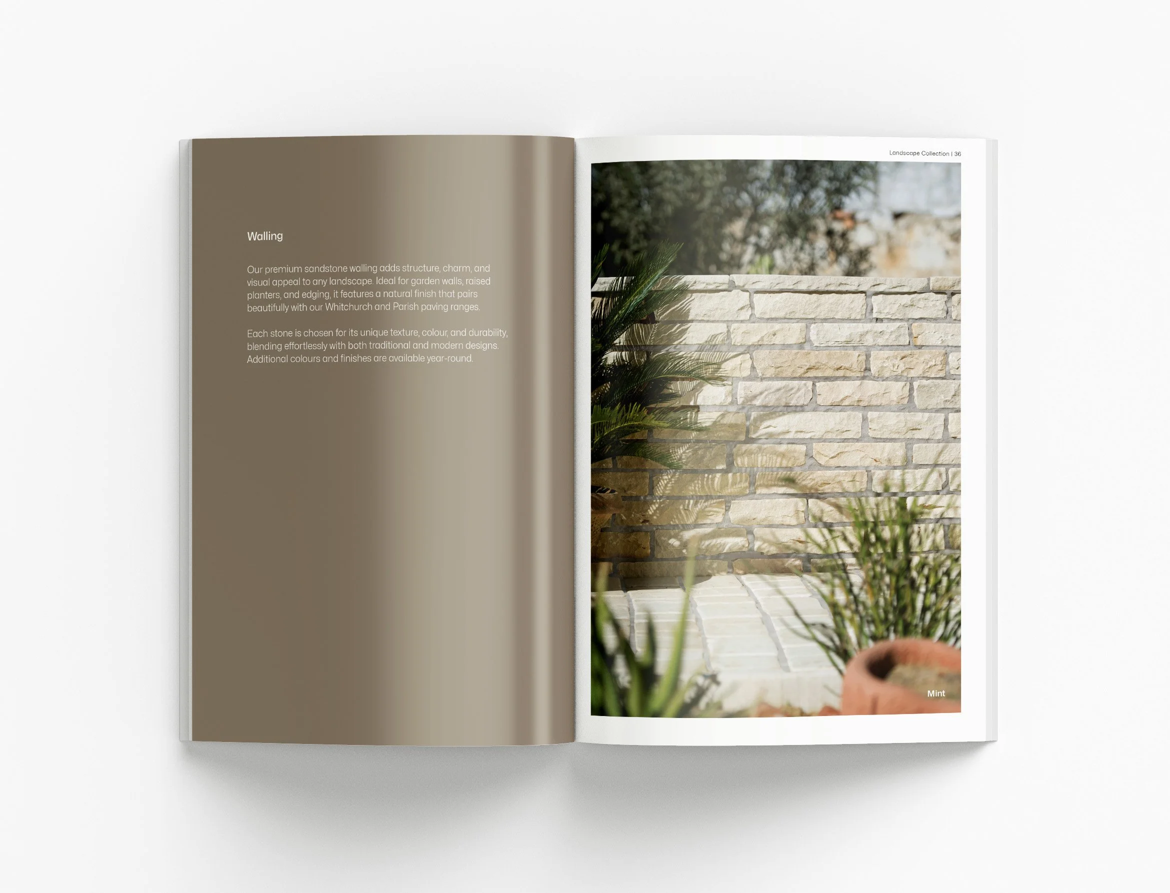 Professional catalogue design featuring landscaping materials, outdoor product applications and engaging visual presentation