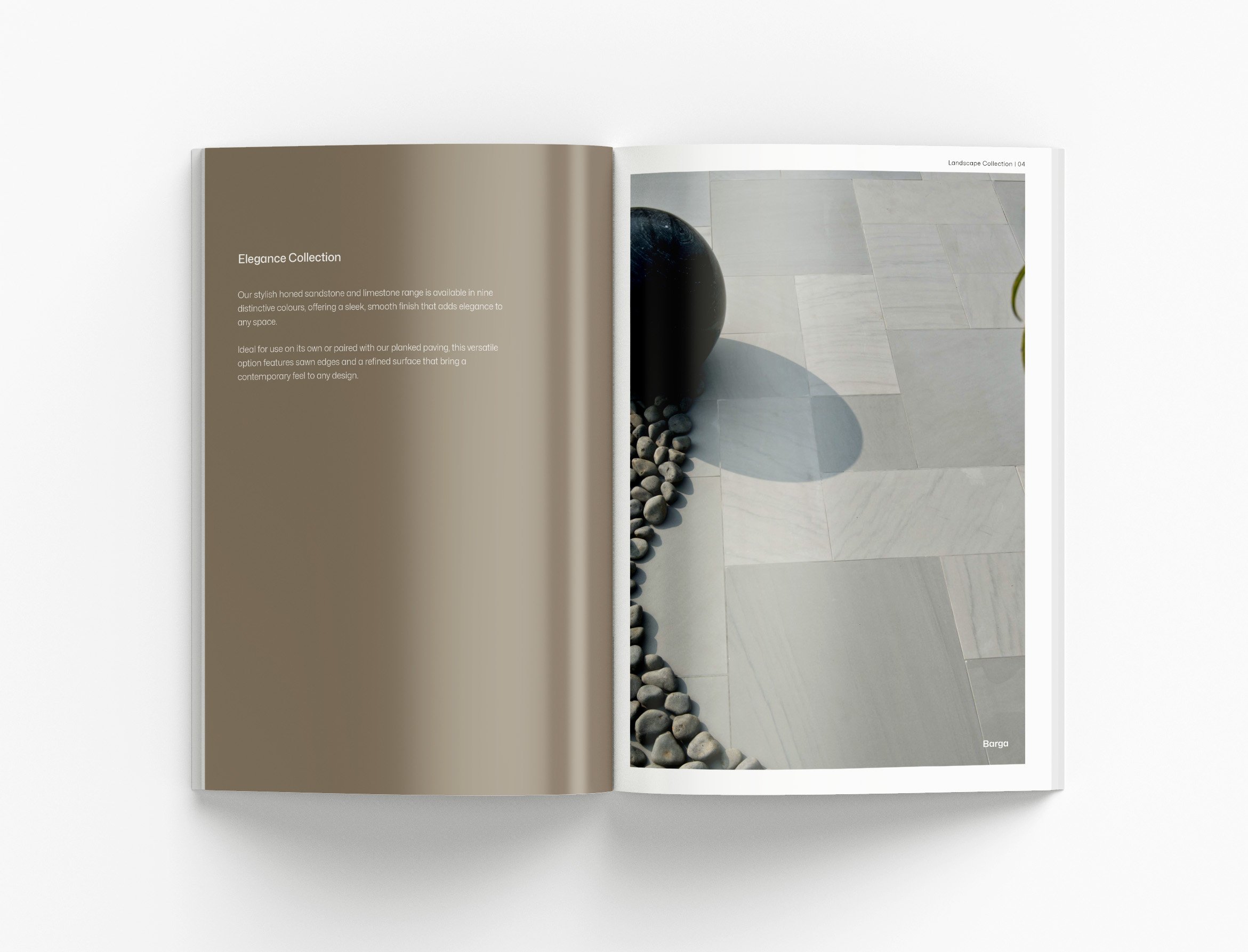 Professional landscape brochure highlighting outdoor design solutions, product applications and modern catalogue development