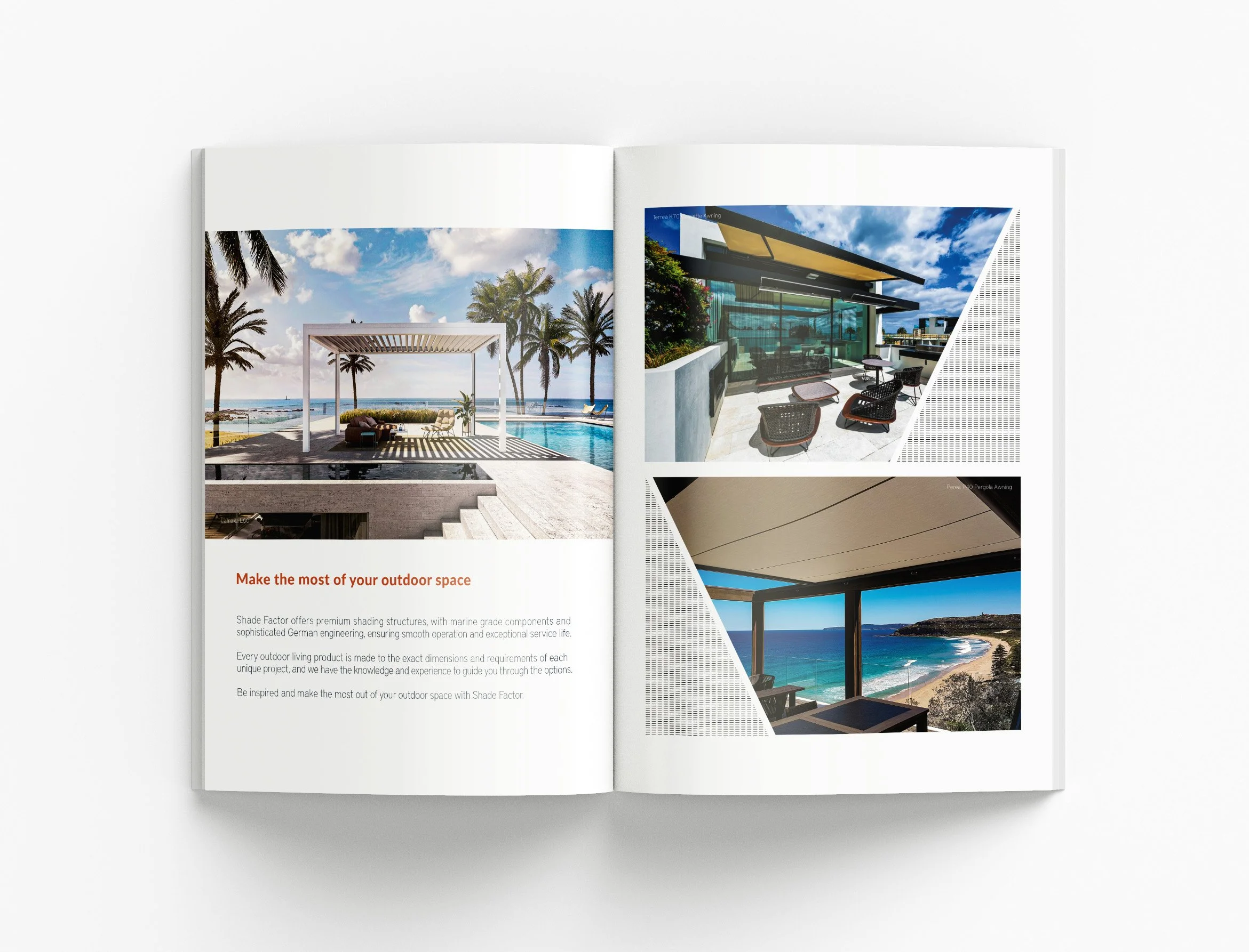Shade Factor outdoor living brochure project featuring premium product catalogue design, luxury outdoor solutions and architectural marketing materials by BKK Creative Studio