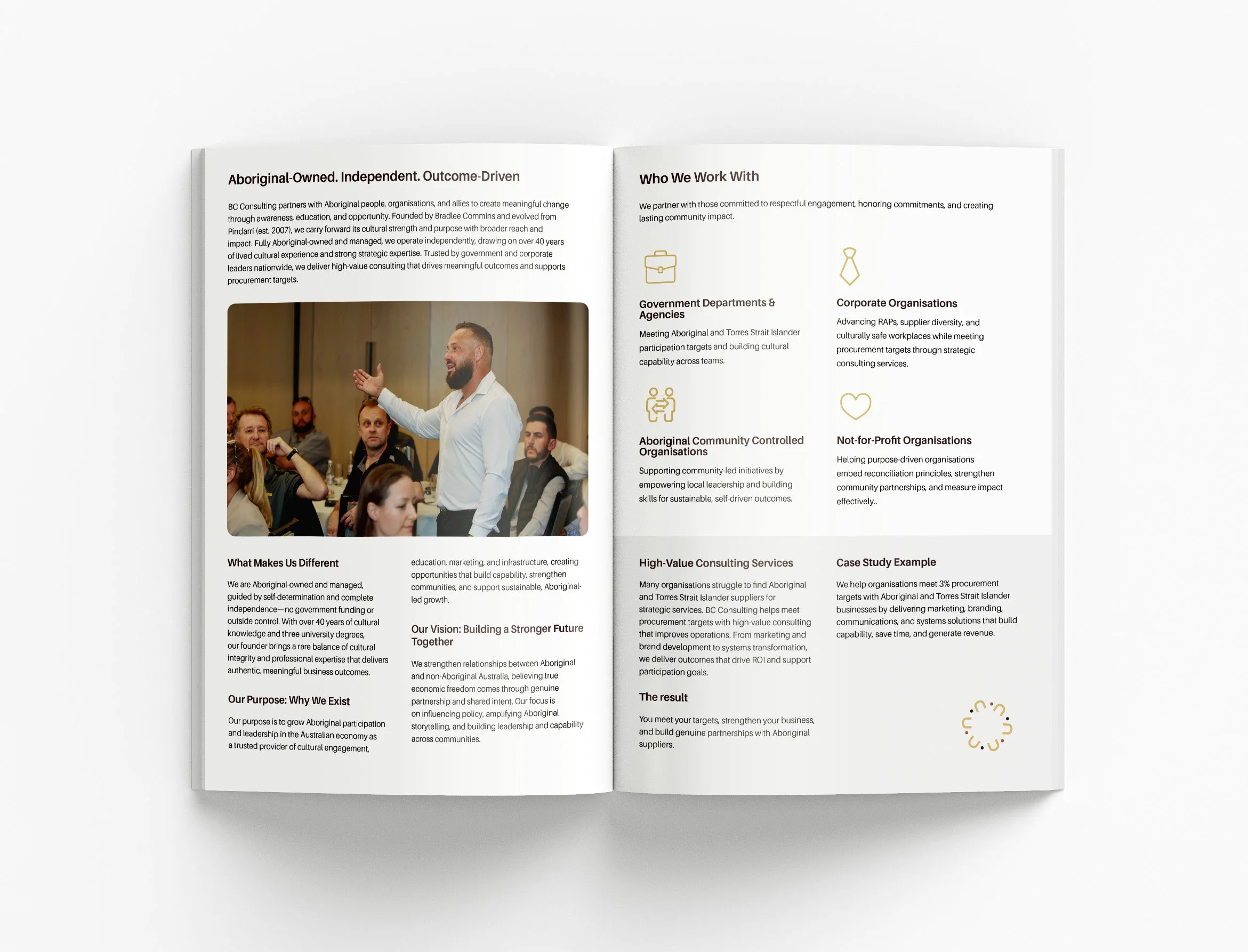 BC Consulting capability statement project featuring professional company profile design, Indigenous business branding and strategic corporate communication by BKK Creative Studio