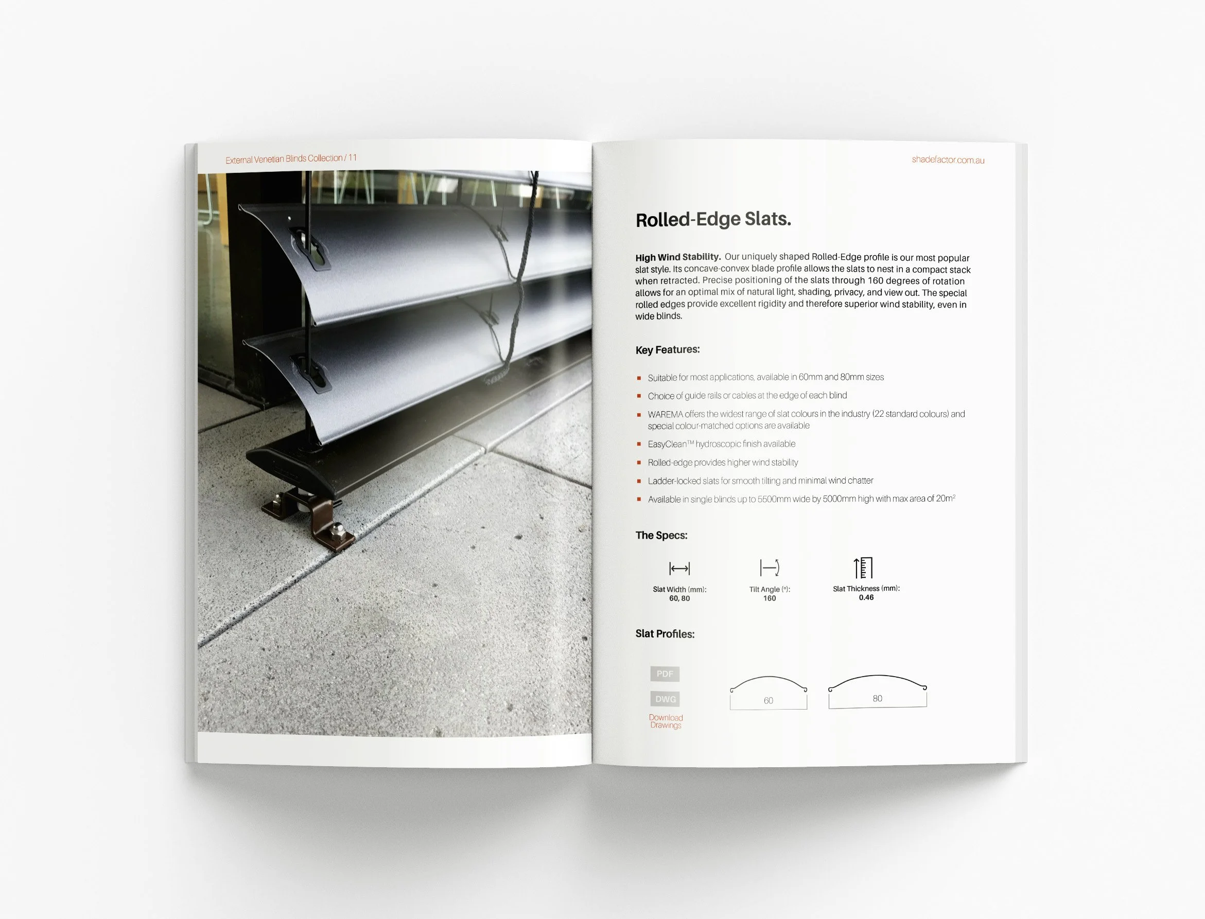 Shade Factor architectural brochure showcasing external shading products, design features and high-end corporate communication materials