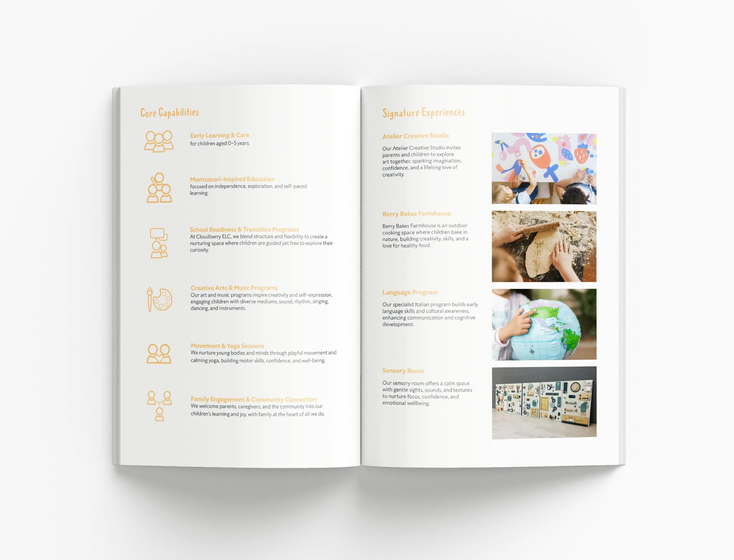 Cloudberry Early Learning Centre capability statement featuring child-focused design, custom infographics, refined typography and premium education sector branding