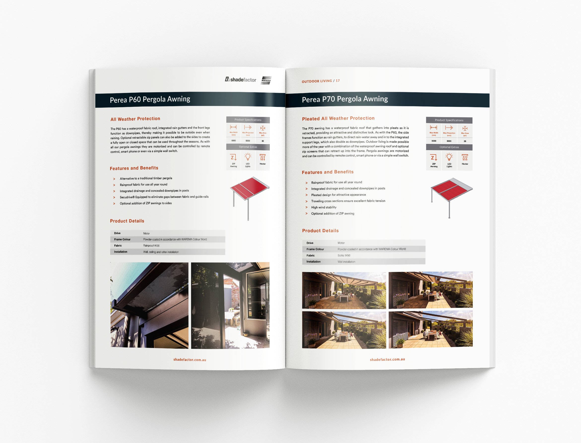 Architectural brochure showcasing outdoor living solutions, custom infographics and high-end product presentation design