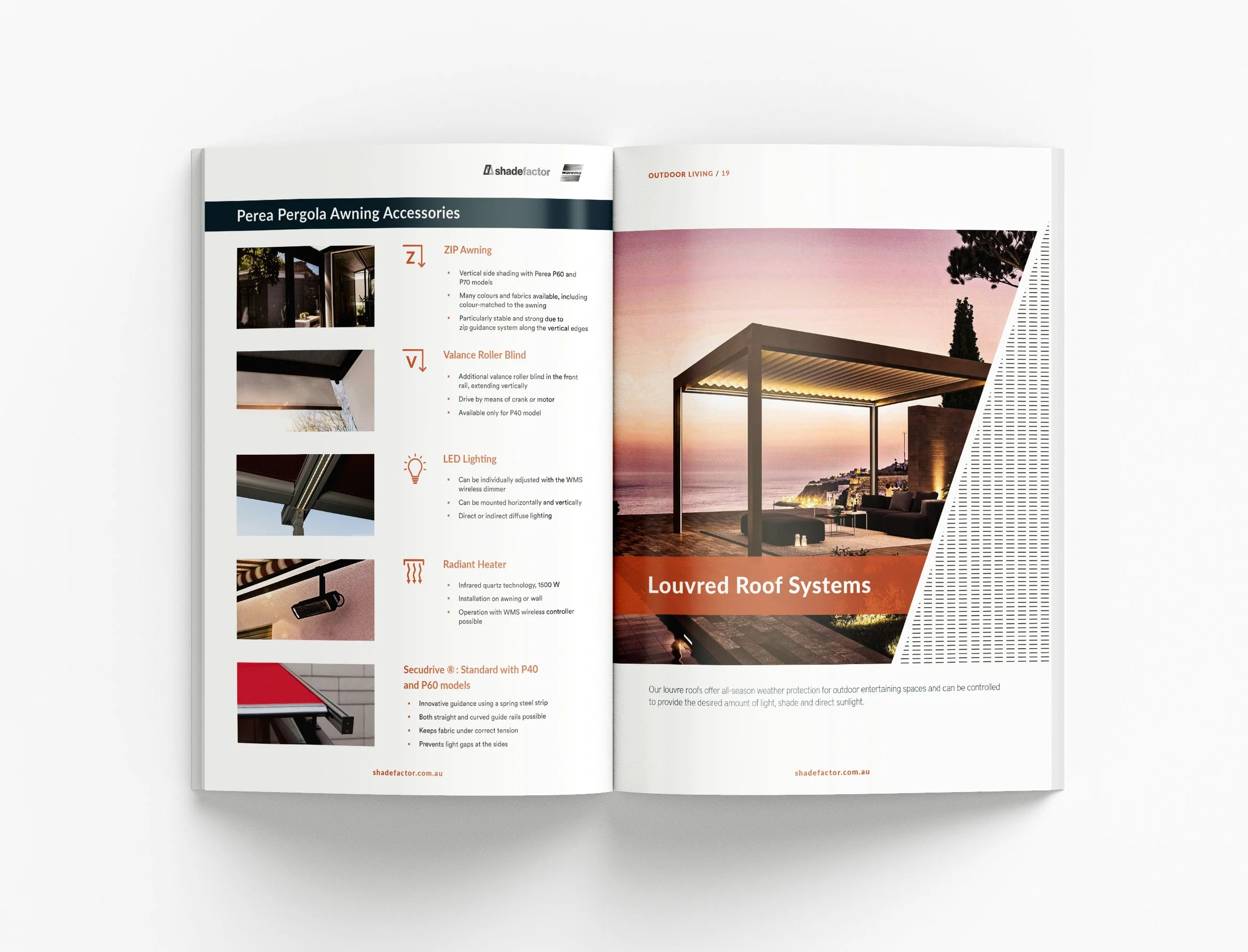 Outdoor lifestyle catalogue featuring premium photography, product specifications and sophisticated brochure layouts for architects and builders