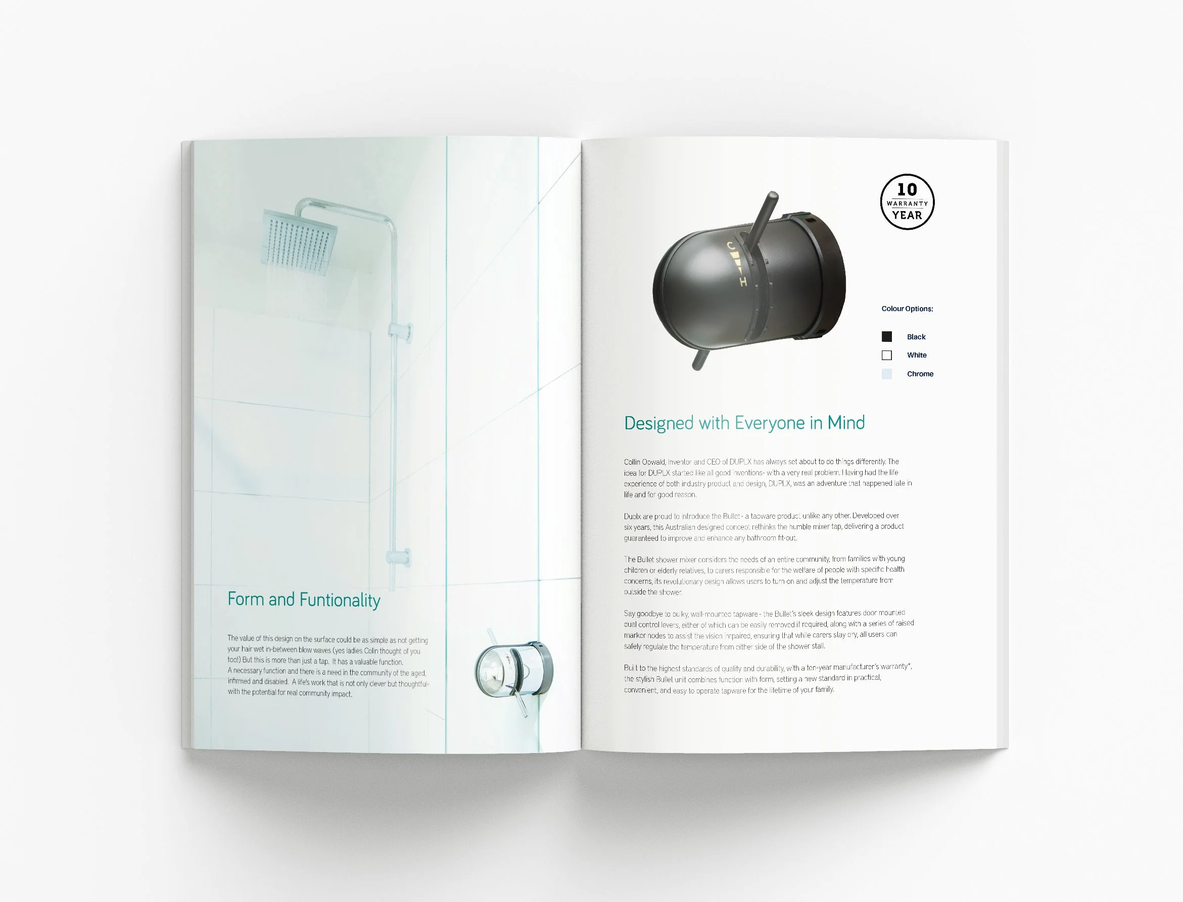 Custom brochure design for Duplx showcasing contemporary tapware collections, product specifications, lifestyle imagery and premium interior design marketing