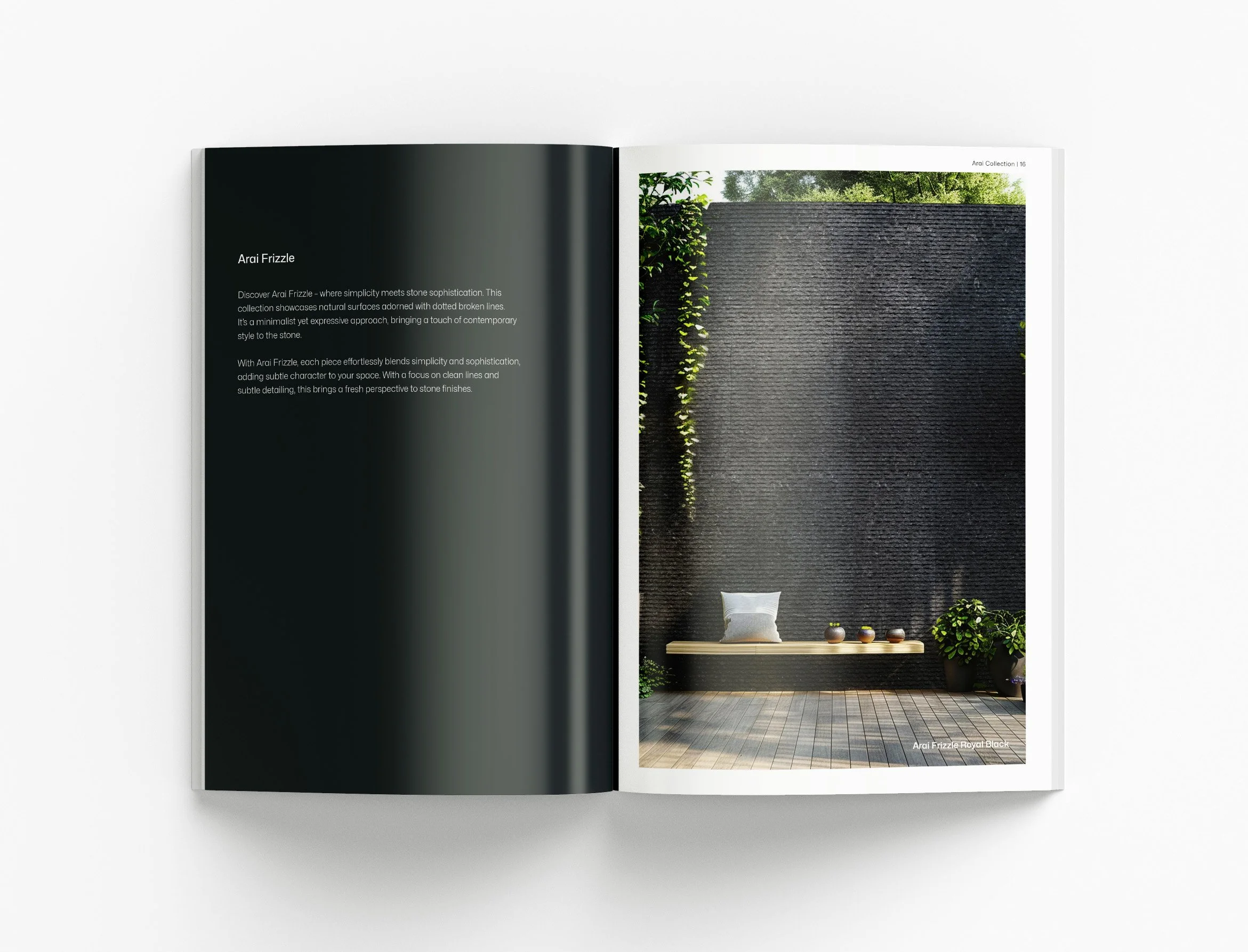 Professional product marketing brochure highlighting design-focused collections, custom layouts and premium visual storytelling
