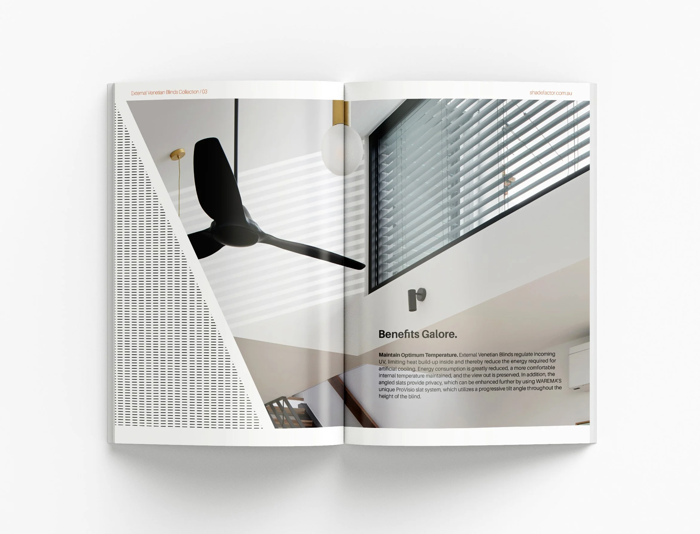 Architectural product brochure showcasing external Venetian blind systems, custom infographics and structured information design for the building industry
