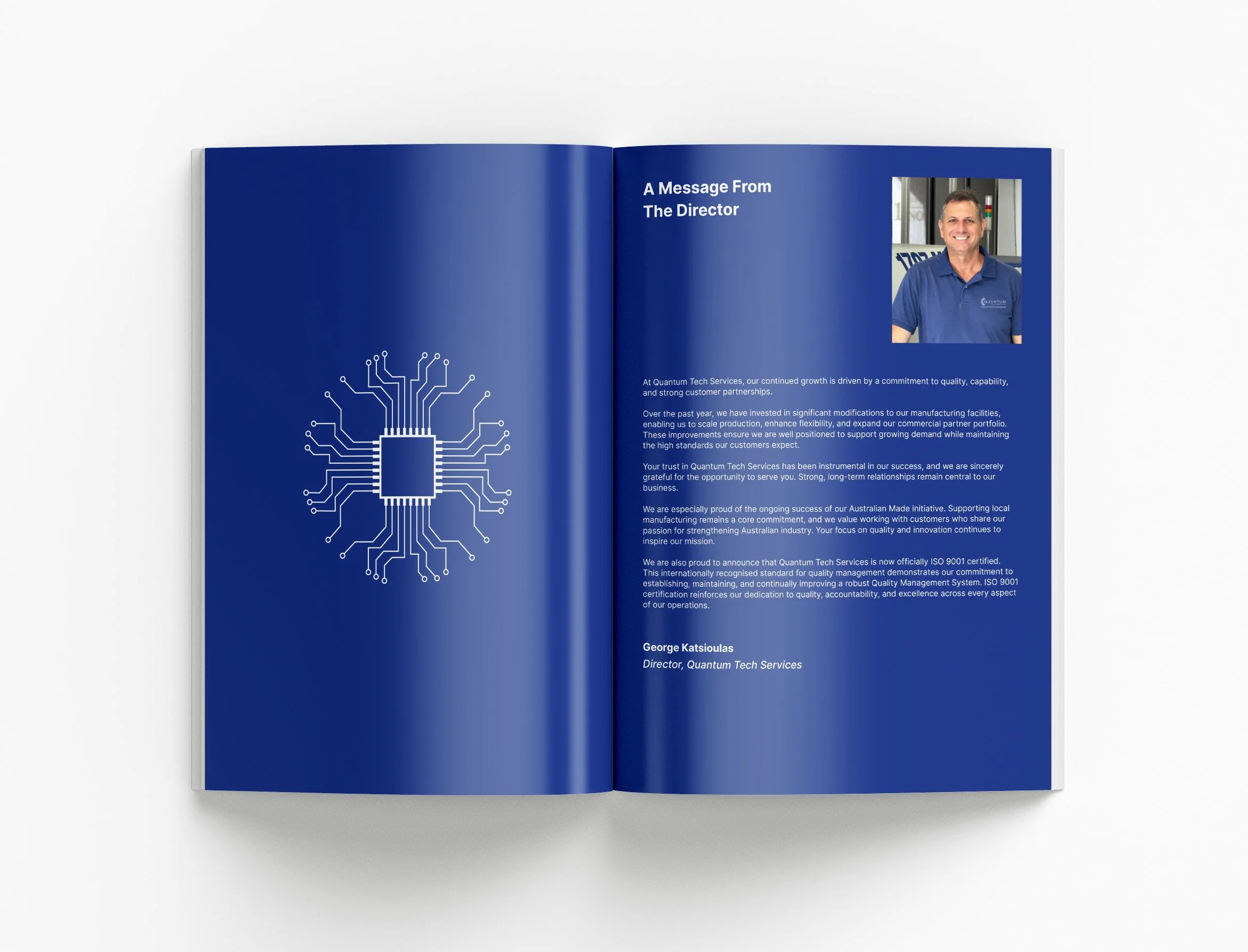 Quantum Tech Services capability statement project featuring professional electronics manufacturing document design, PCB assembly expertise and corporate communication by BKK Creative Studio