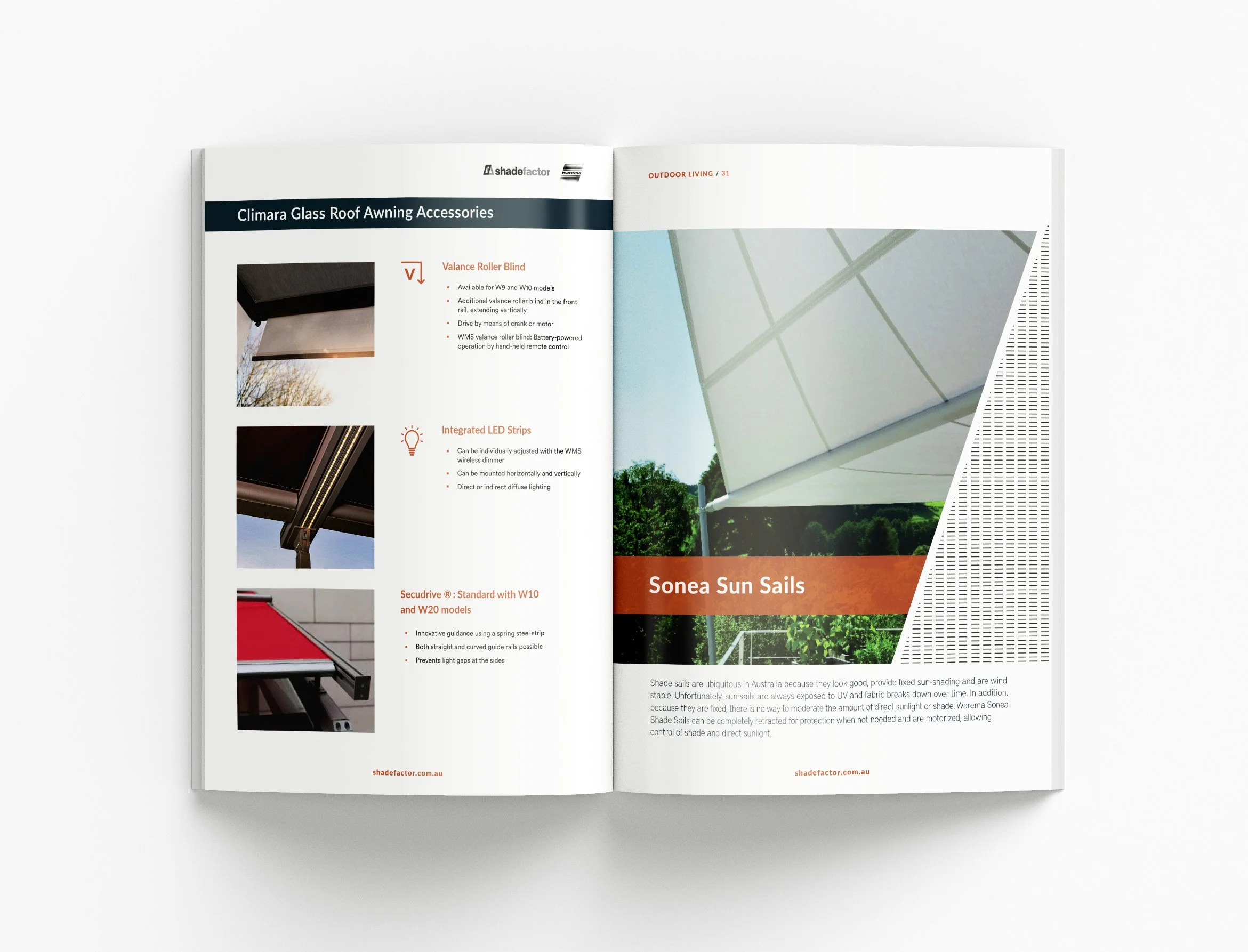 Shade Factor outdoor living brochure showcasing premium product ranges, custom layouts and engaging visual storytelling