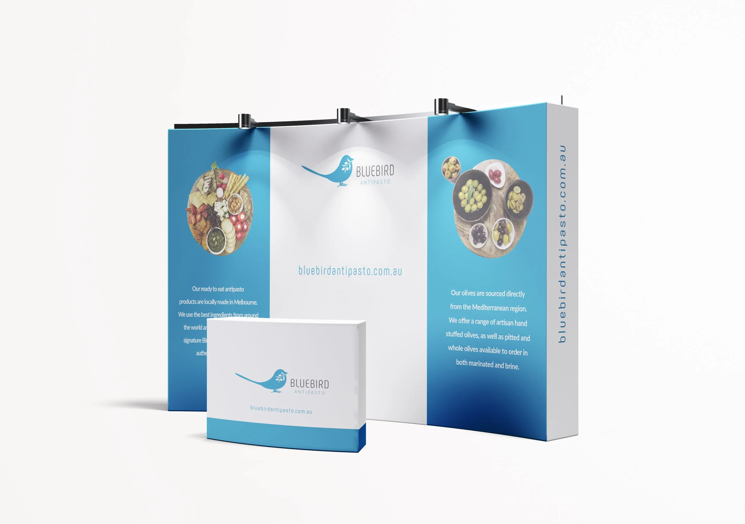Bluebird Antipasto food brand identity featuring a refined logo, sophisticated visual system and premium branding for a gourmet antipasto company