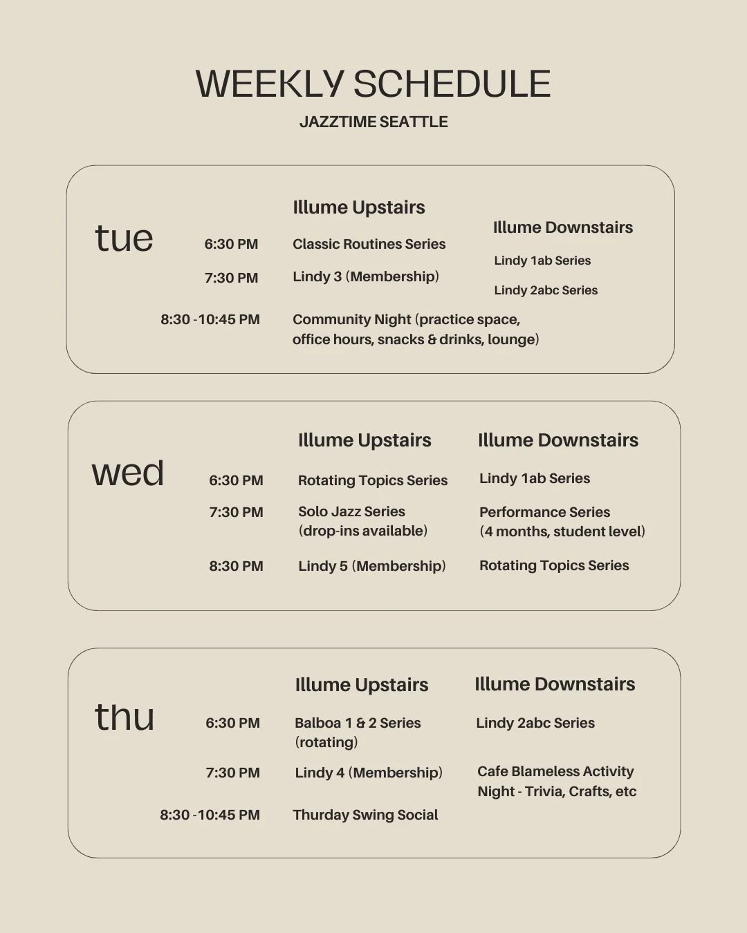 We open July 1st! Here are some updates to the schedule. Thank you for your feedback!