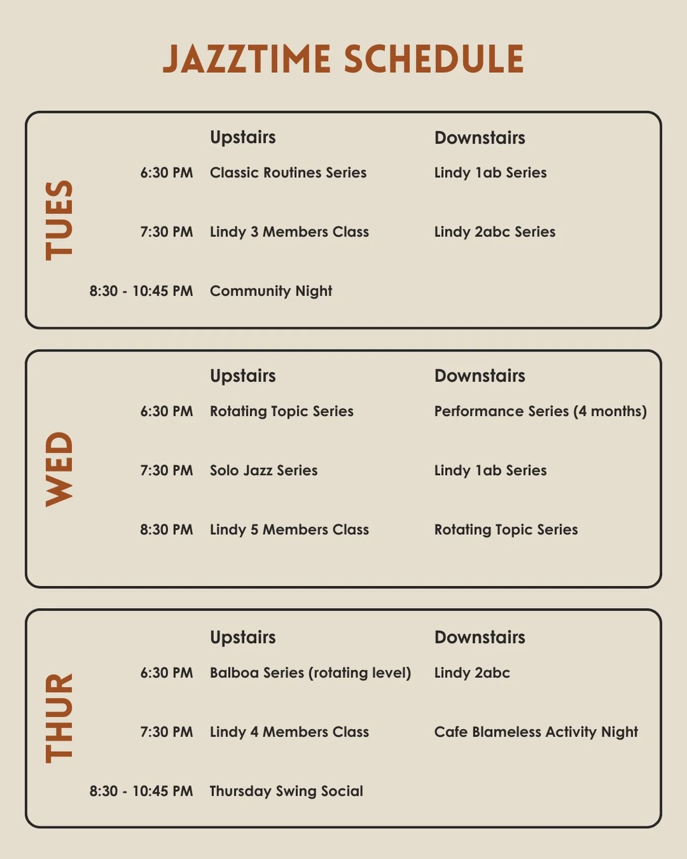 Updated schedule 🗓✨

Jazztime opens July 2nd with our very first Thursday Swing Social! Stay tuned for more details 👀