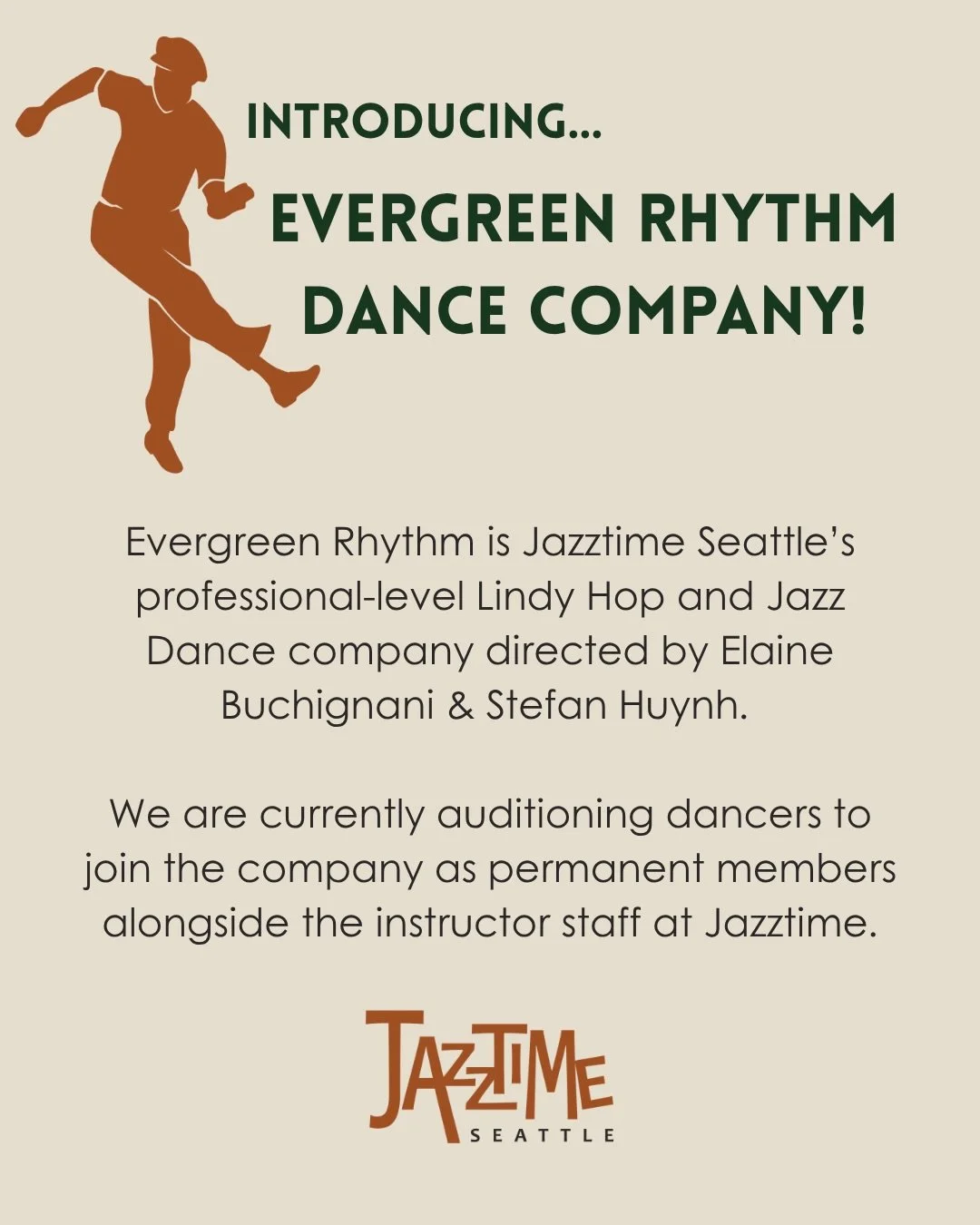 We're starting a dance company with permanent members using our legacy name, Evergreen Rhythm. Audition if you're looking to train and perform at a professional level!

See link in bio for more details 👀