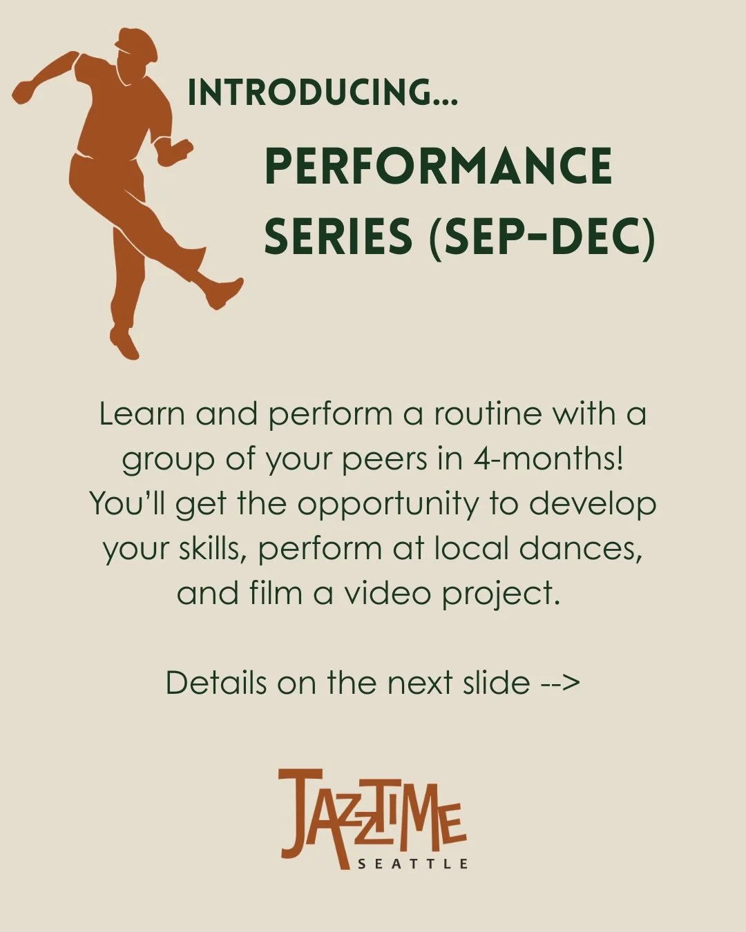 Performance opportunities are back but with a Jazztime twist. Now that Evergreen Rhythm is an official dance company, our performance groups will get to name themselves! Email info@jazztimeseattle.com to join our inaugural performance series 👯✨