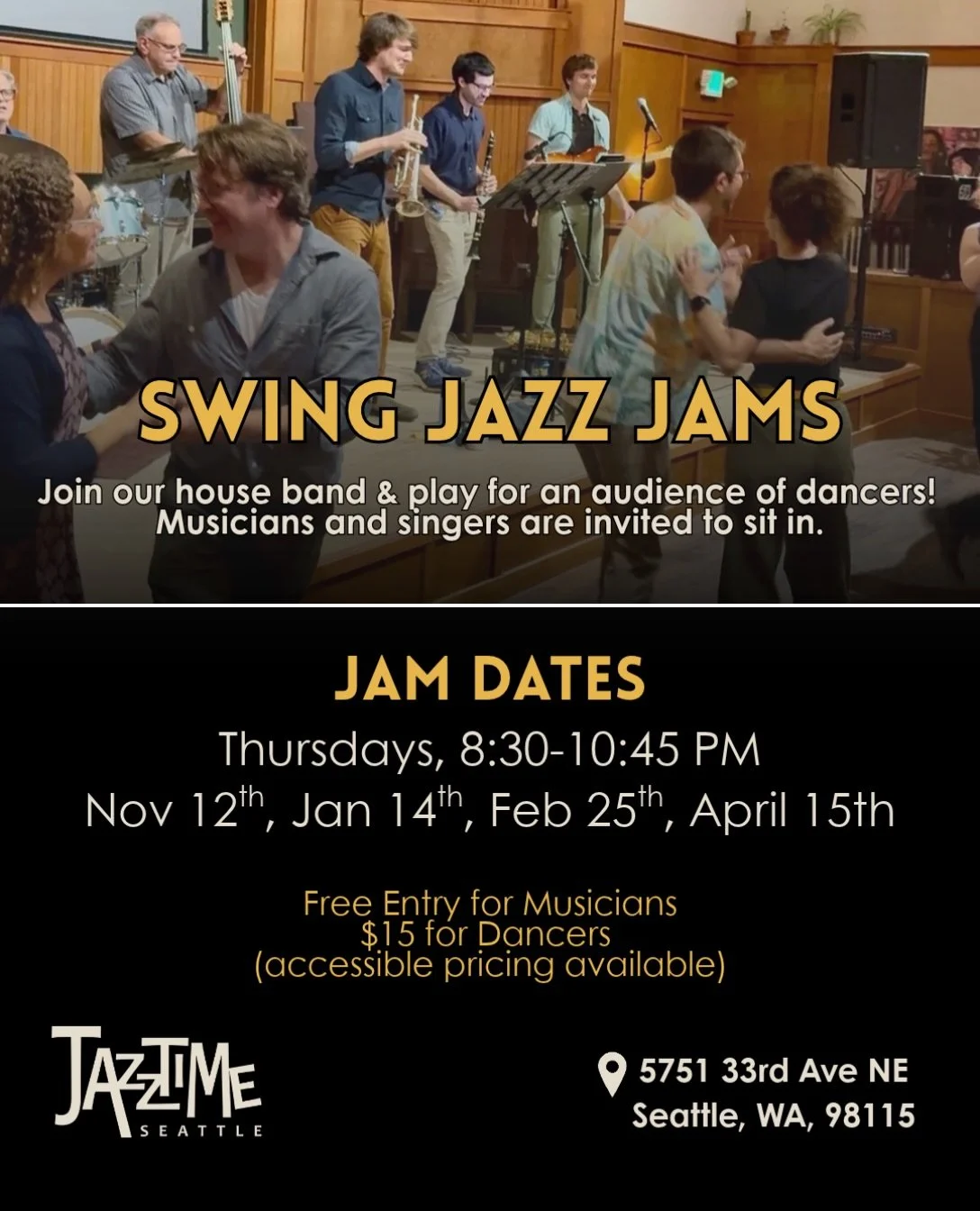 Swing Jazz Jams led by @jackswiggett are back! Now in Ravenna at our new Jazztime Seattle location. DM us to get on the email list and get invited to the Discord where musicians plan ahead for the jams 🎶