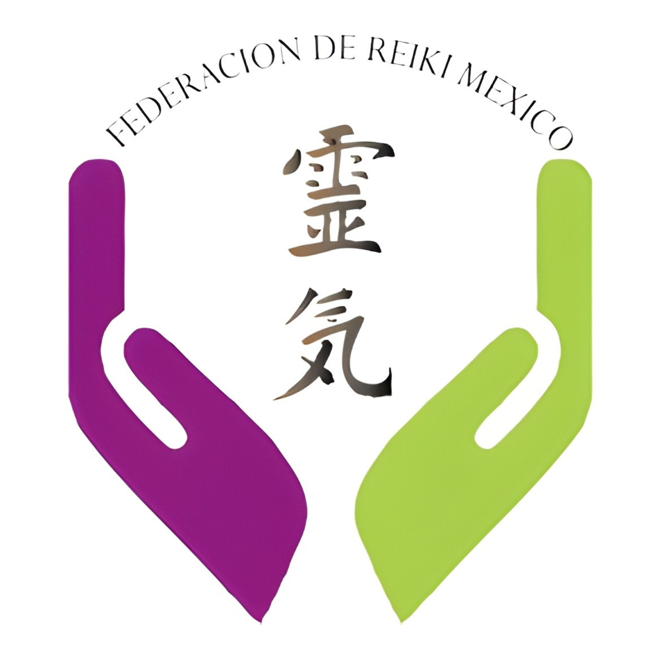 Símbolos de Reiki con los colores morado y verde y texto en español que dice 'Federación de Reiki de México' y caracteres en japonés en el centro.