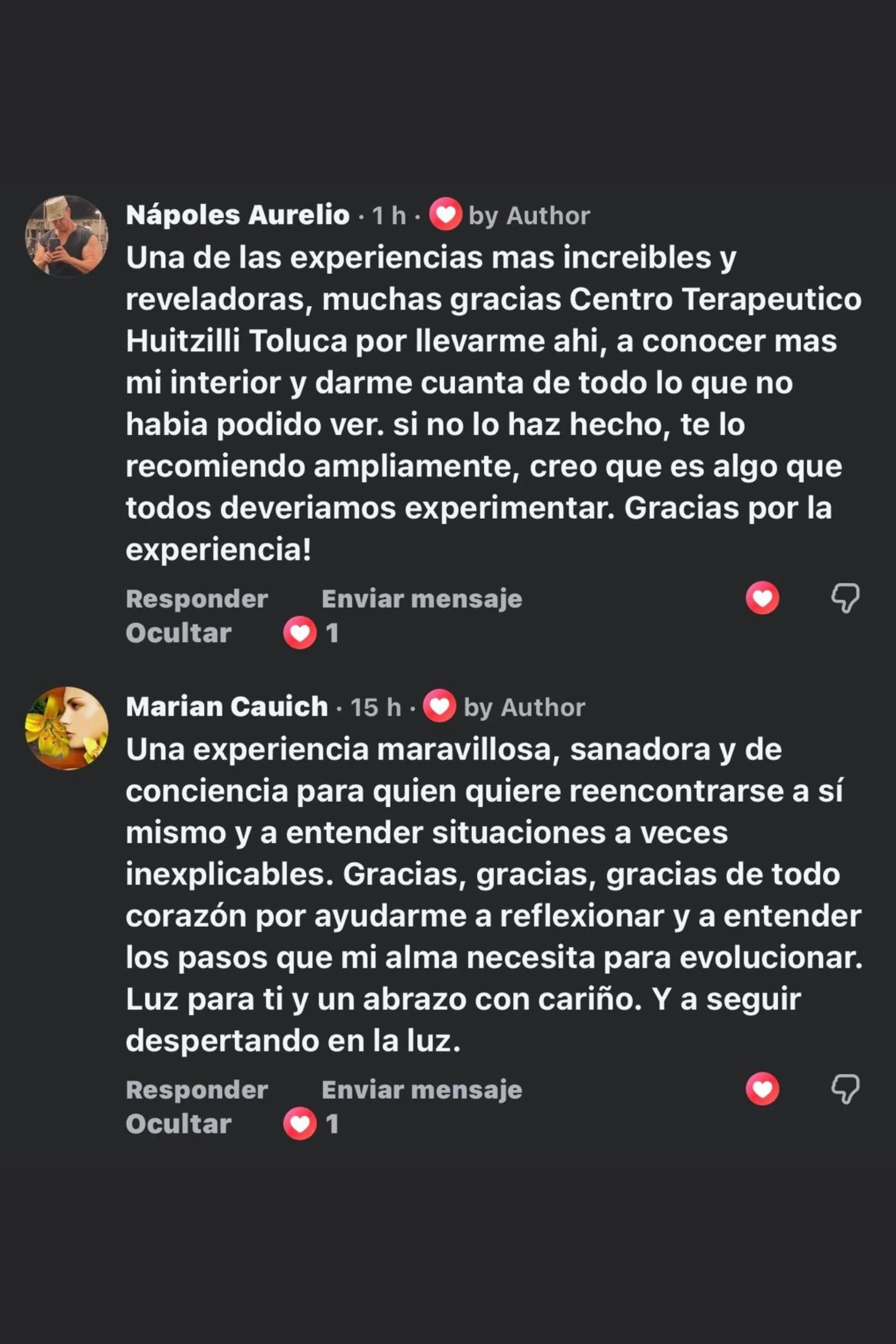 Comentarios en redes sociales recomendando un centro terapéutico.