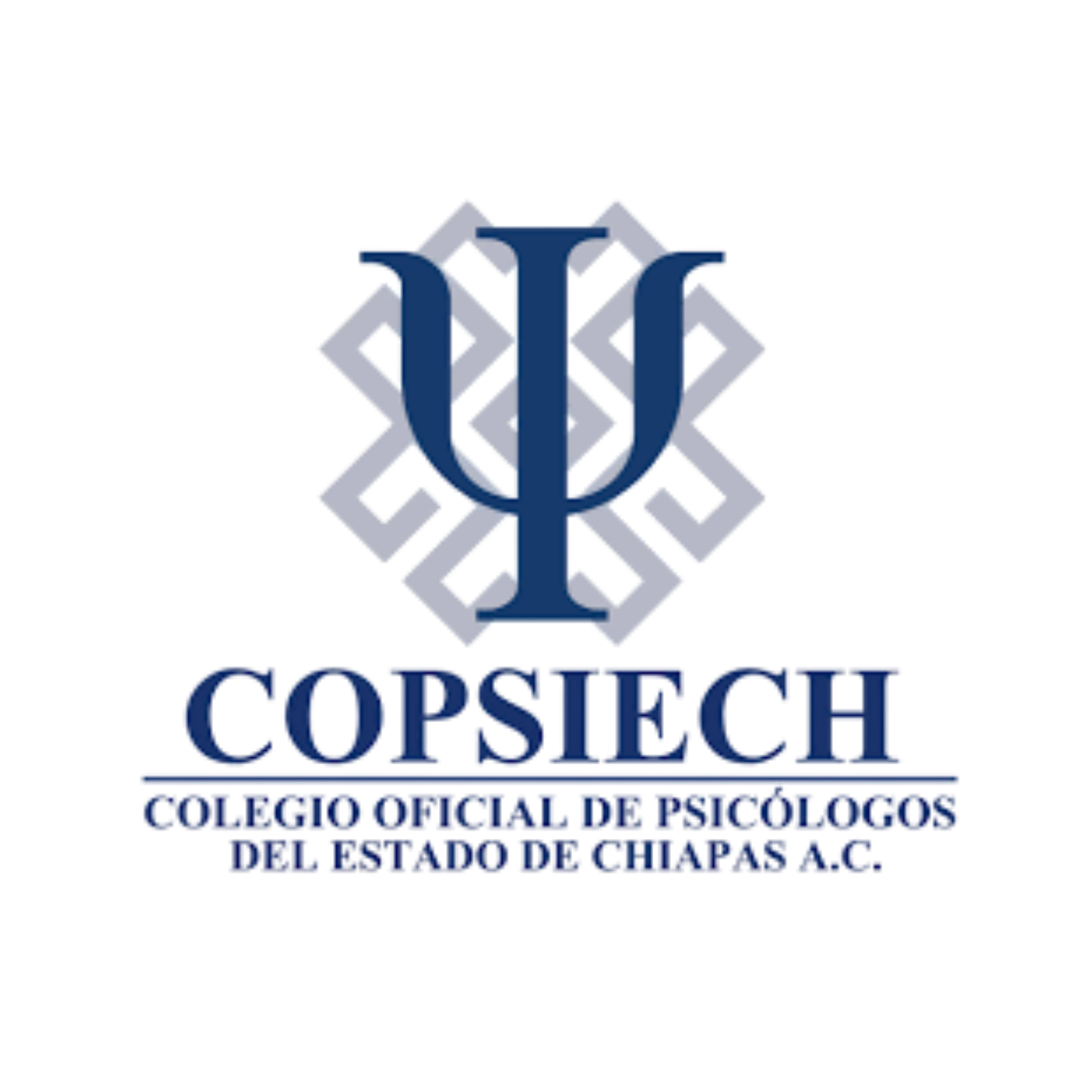 Logotipo del Colegio Oficial de Psicólogos en azul y gris, con un diseño abstracto y el texto en letras mayúsculas debajo.