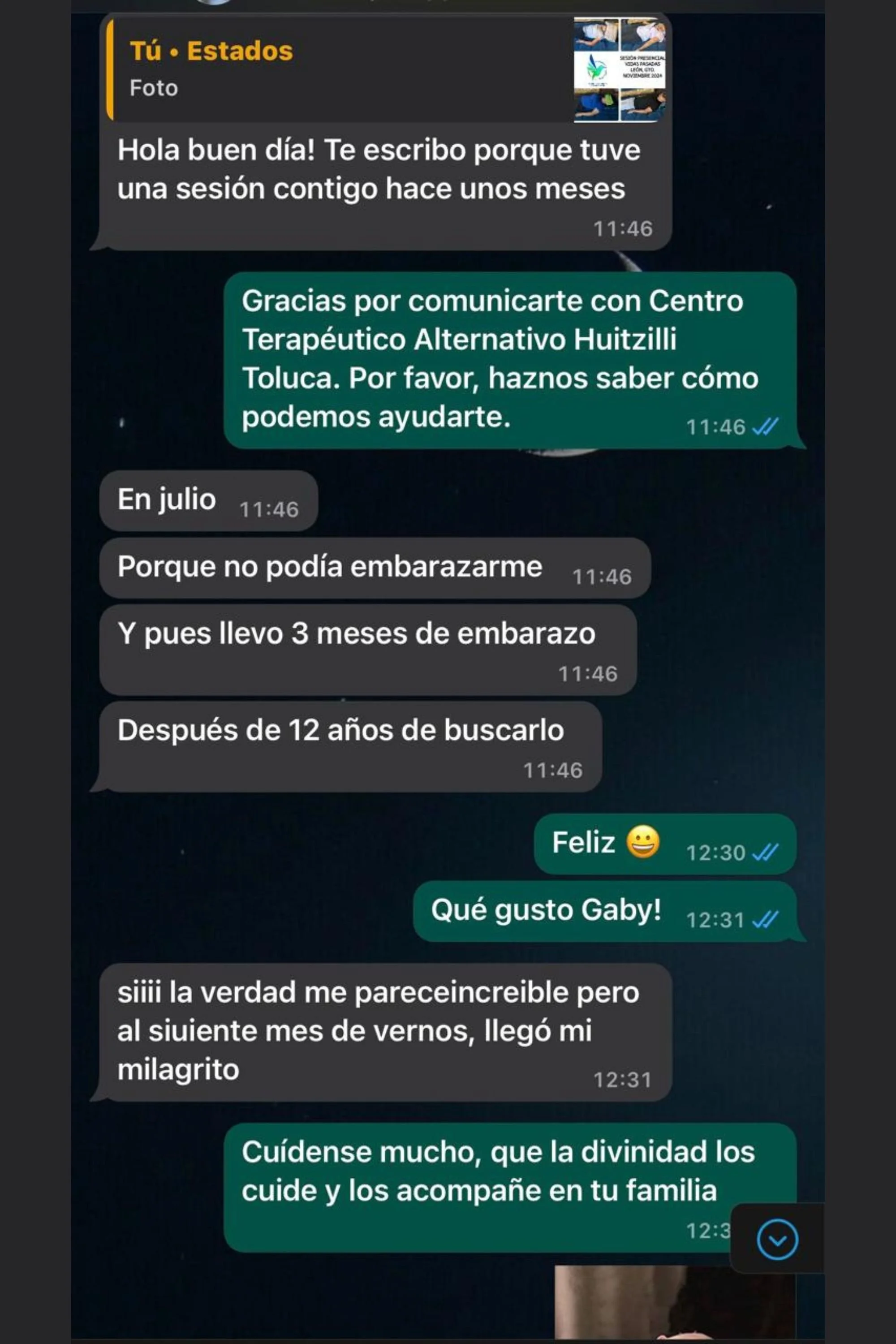Captura de pantalla de una conversación de WhatsApp que aborda temas de sesiones terapéuticas, embarazos y deseos de cuidado y protección familiar.