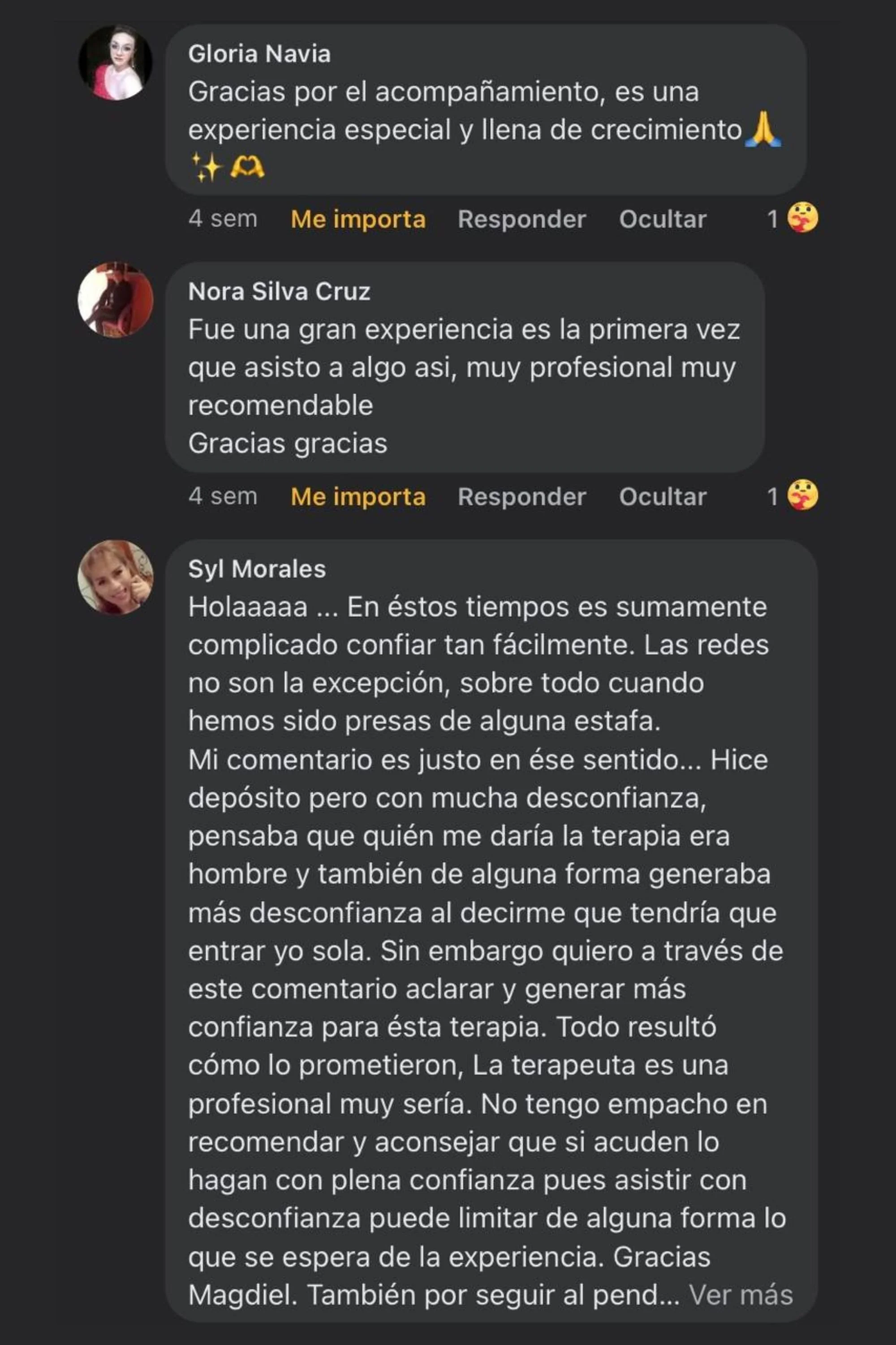 Comentarios de varias personas en una conversación de redes sociales en español, expresando agradecimiento y experiencias sobre un acompañamiento y terapia, con menciones a confianza, profesionalismo y recomendaciones.