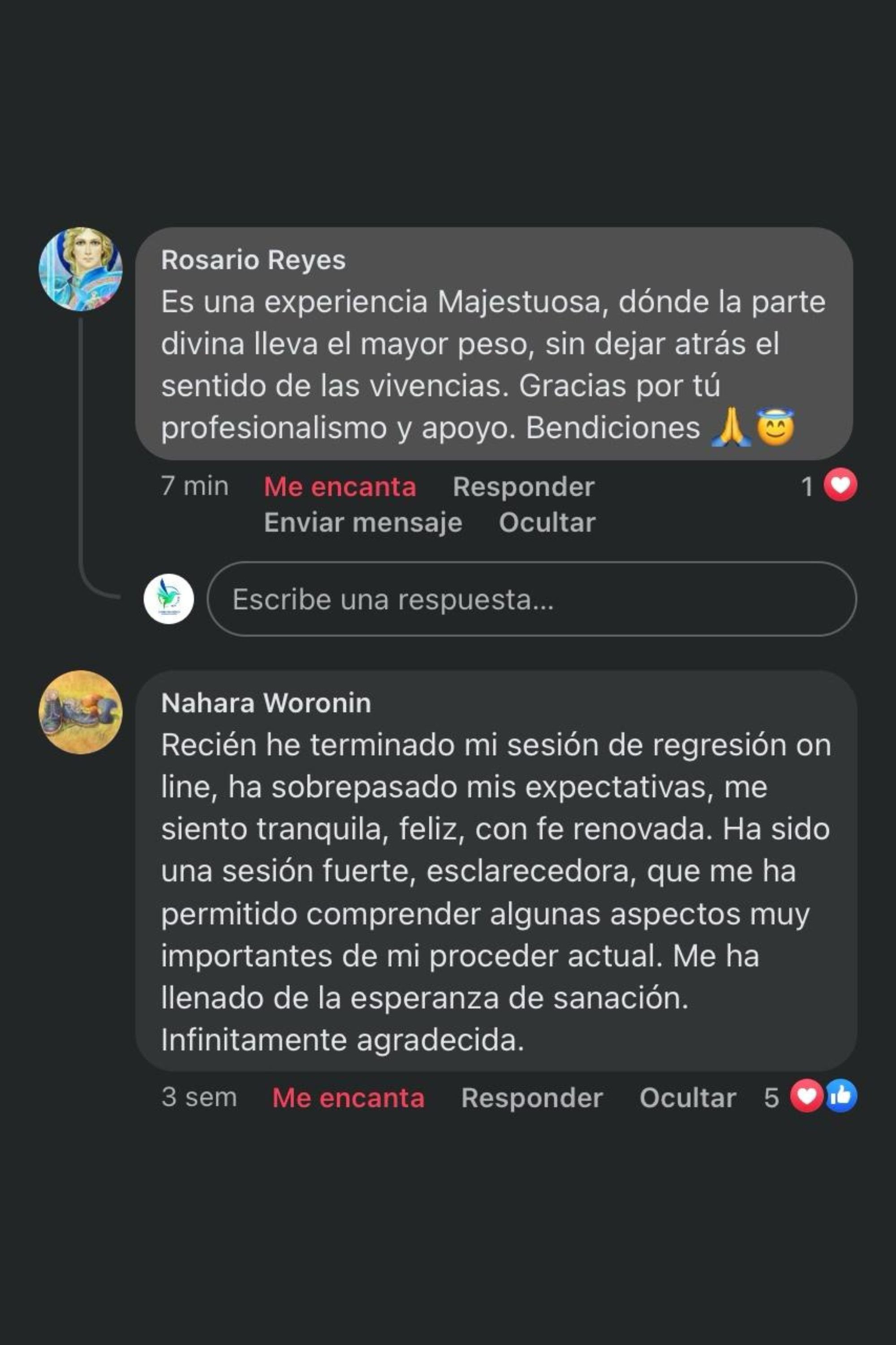 Captura de pantalla de dos comentarios en una plataforma de redes sociales en español, uno de Rosario Reyes y otro de Nahara Woronin, hablando sobre experiencias y sesiones de sanación o terapia.