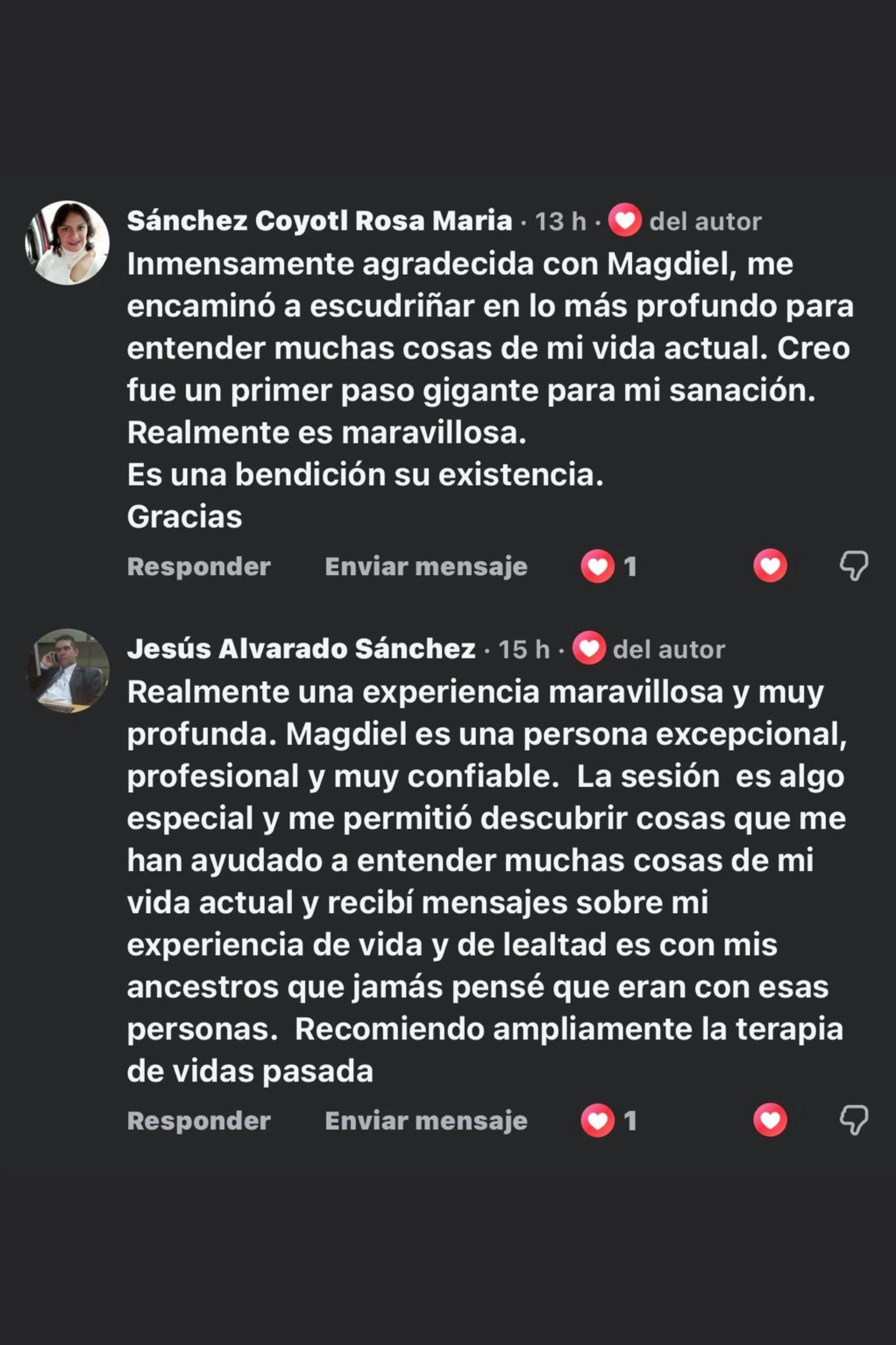 Comentarios en redes sociales sobre una experiencia positiva con la terapia de vida pasada de una persona llamada Magdiel