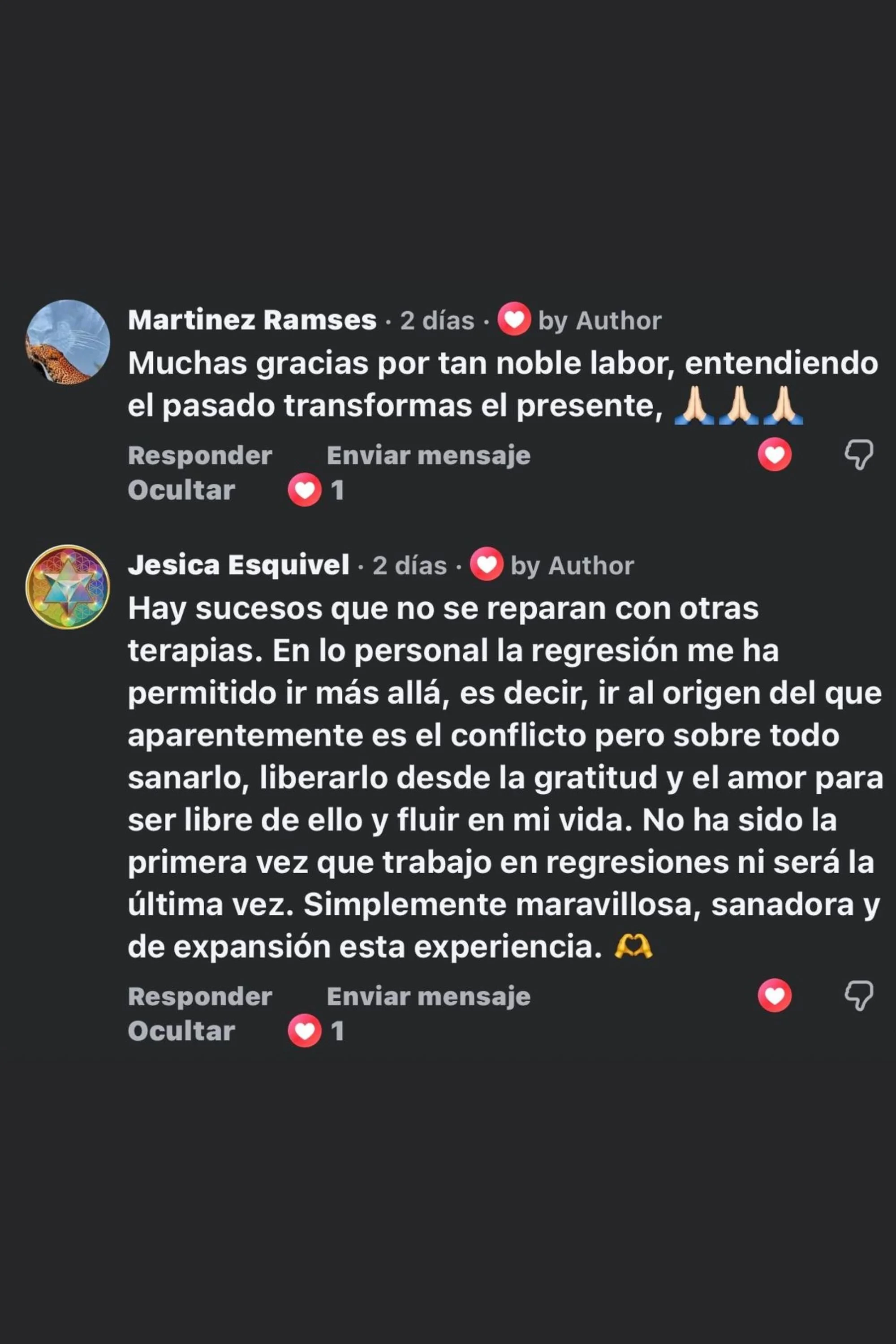 Comentarios en redes sociales sobre procesos de sanación y reflexión personal, expresando gratitud y experiencias de cambio.