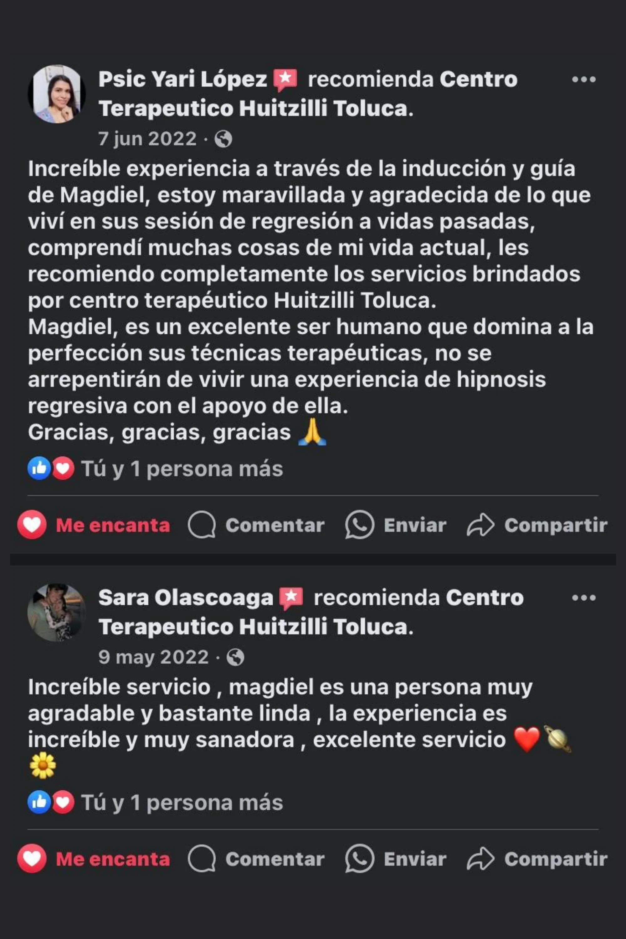 Comentarios en redes sociales recomendando el Centro Terapéutico Huitzilli Toluca, con testimonios positivos de personas que han recibido sus servicios.