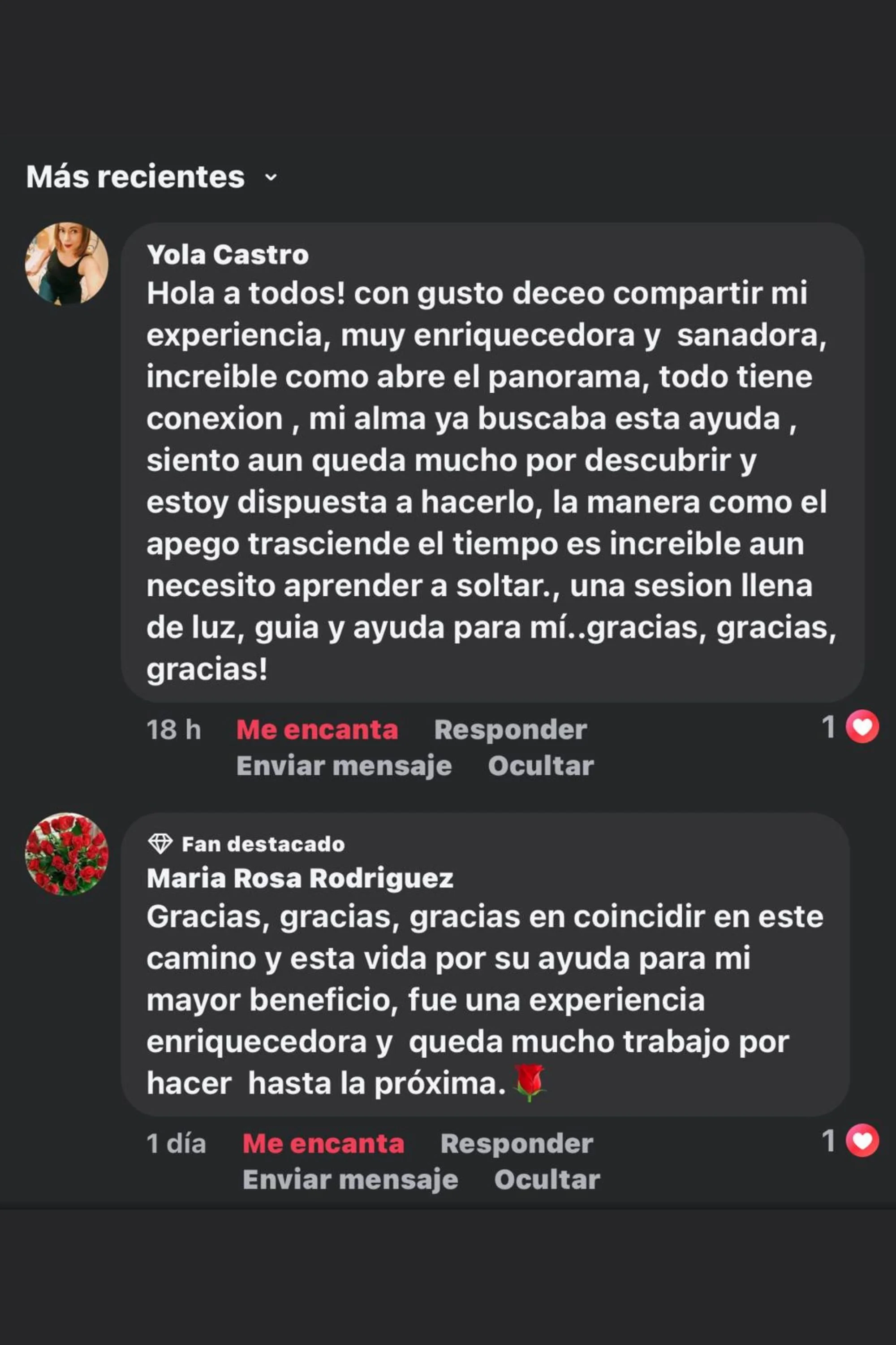 Captura de pantalla de una conversación en redes sociales donde Yola Castro comparte su experiencia con agradecimiento y gratitud, y María Rosa Rodríguez expresa su agradecimiento y reconocimiento por su ayuda.