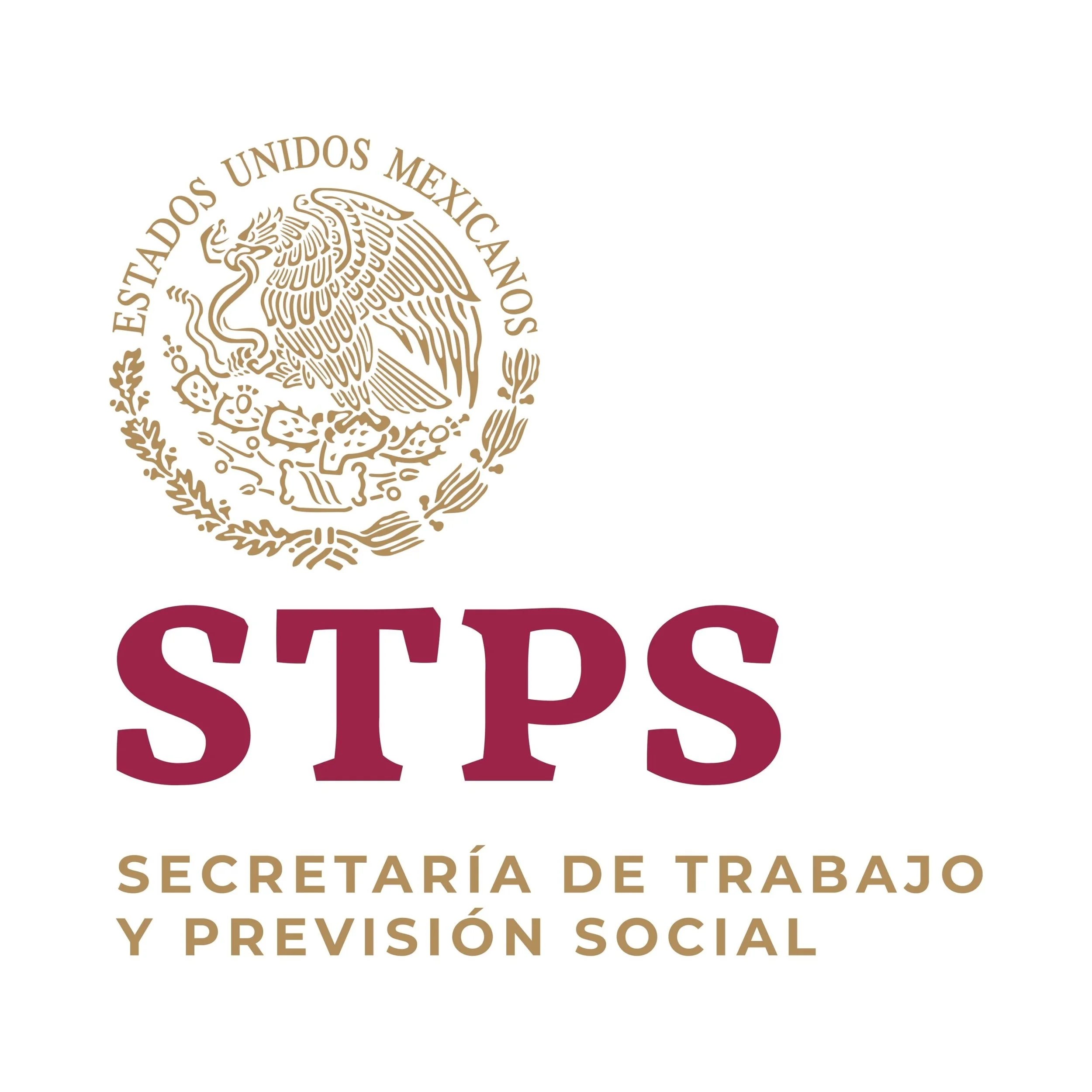 Logotipo con escudo que tiene un águila en el centro, rodeado de un círculo con la leyenda 'Estados Unidos Mexicanos'. Debajo, texto en letras grandes y burdeos que dice 'SESP' y palabras adicionales en color dorado que indican 'Secretaría de Trabajo y Previsión Social'.